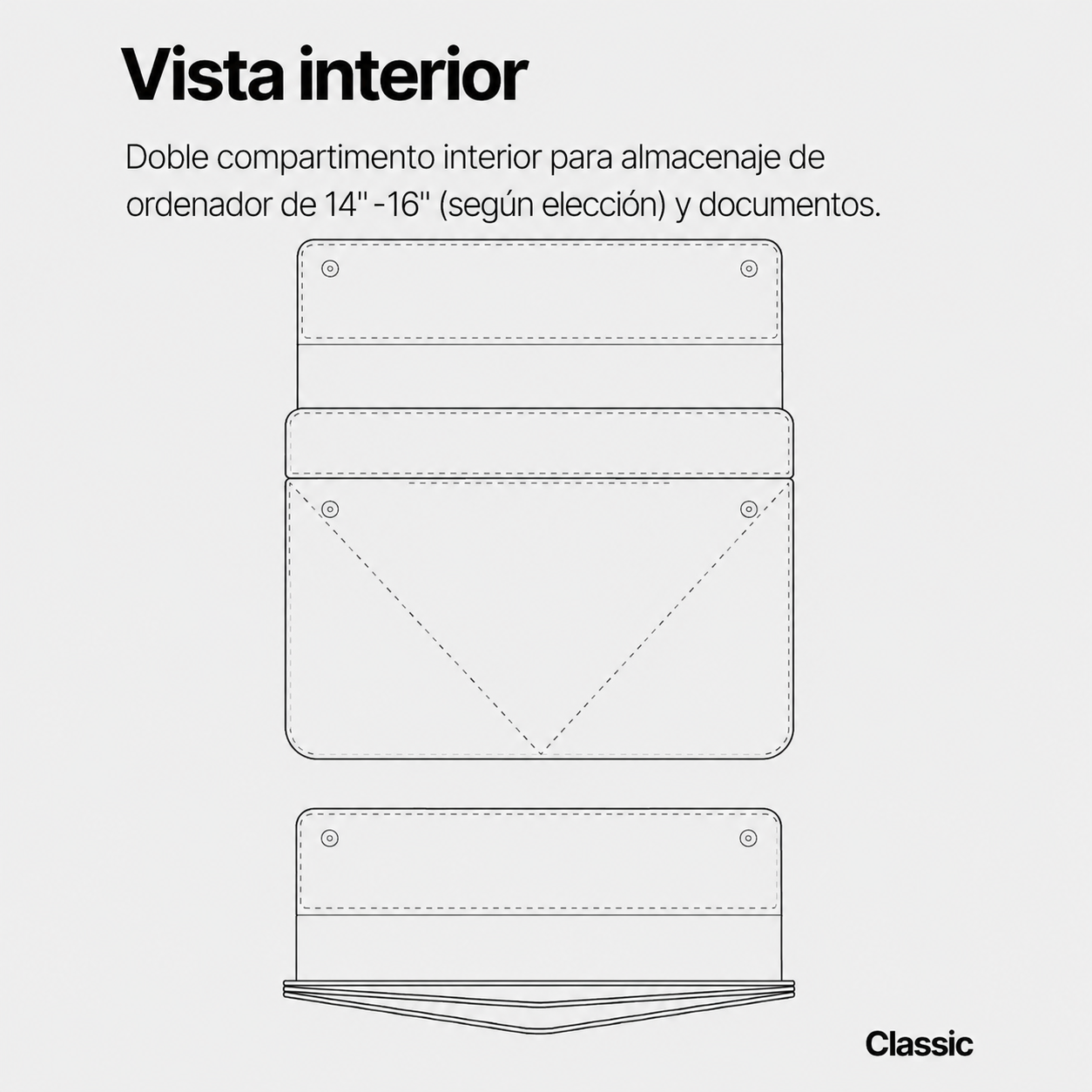 Vista interna con doppio scomparto per laptop da 14-16" e documenti.