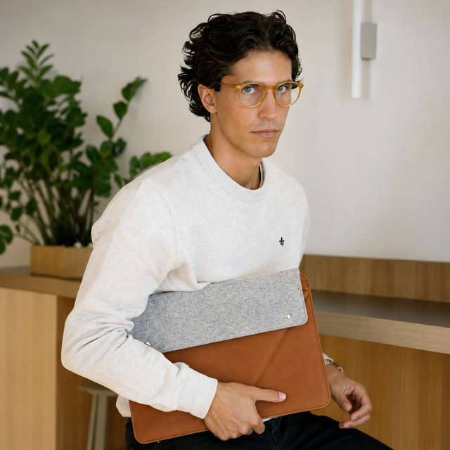 Un uomo con occhiali tiene una borsa per laptop marrone e grigia.
