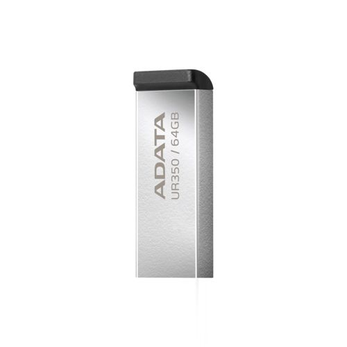 Clé USB argentée avec capuchon noir, étiquetée ADATA UR350 / 64GB.