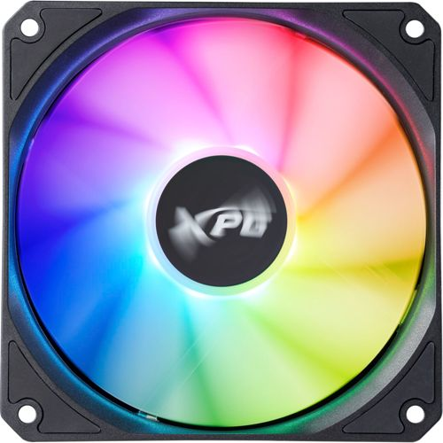 Ein Computerlüfter mit RGB-Beleuchtung dreht sich, mit dem XPG-Logo in der Mitte.