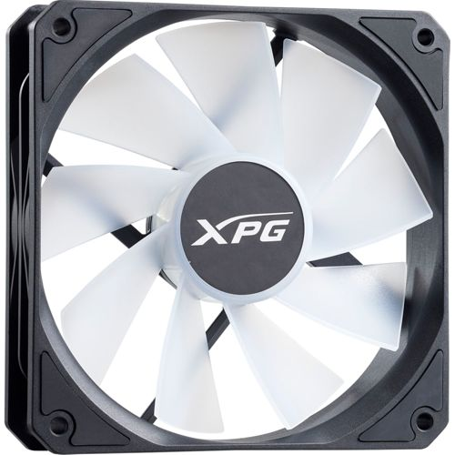 Ein schwarzer Computerlüfter mit durchscheinend weißen Flügeln und einem XPG-Logo in der Mitte.