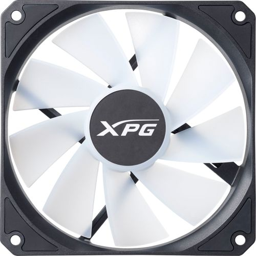 Ein schwarzer Lüfterrahmen mit weißen Rotorblättern und dem XPG-Logo in der Mitte.