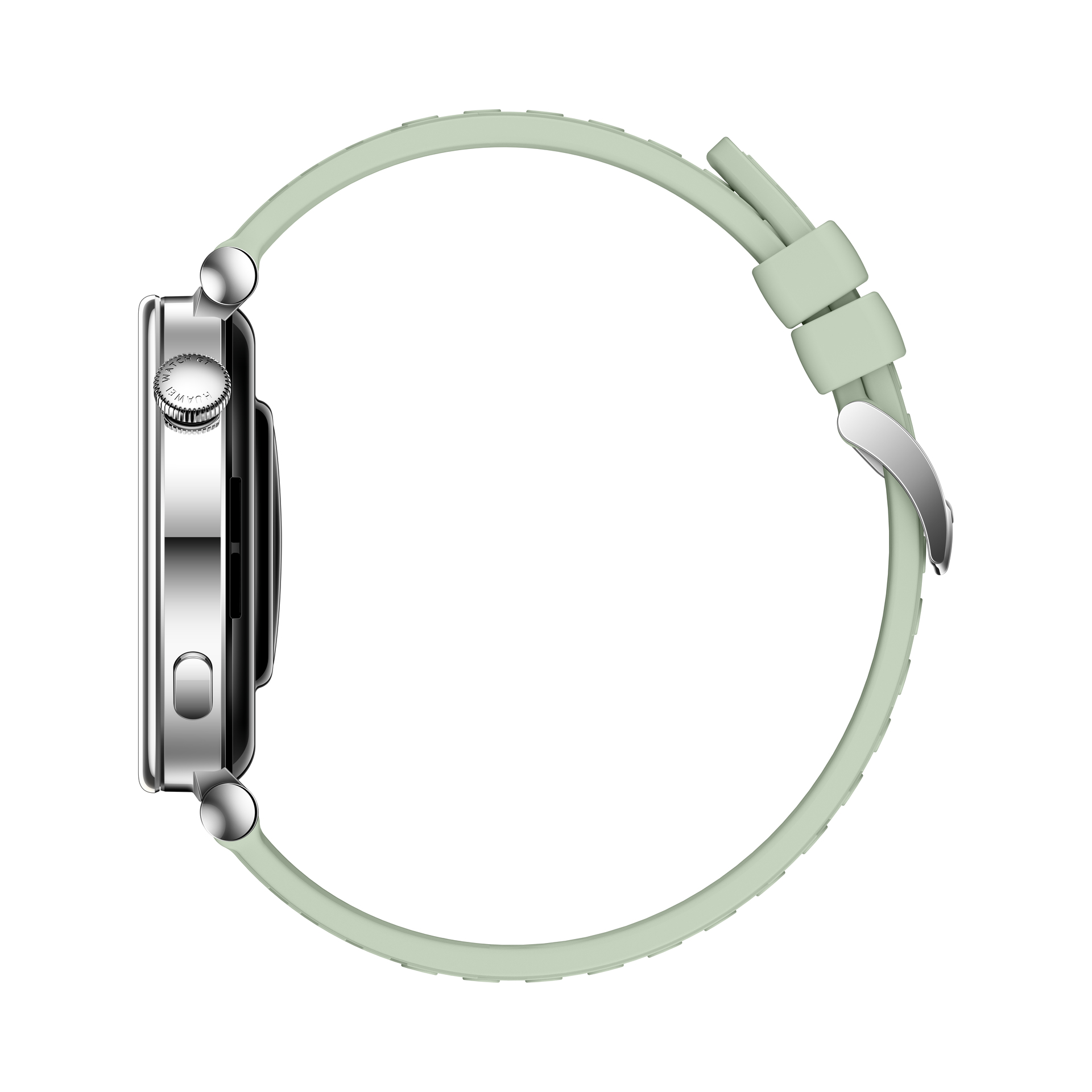 Un reloj inteligente plateado con correa verde claro, mostrado de lado.