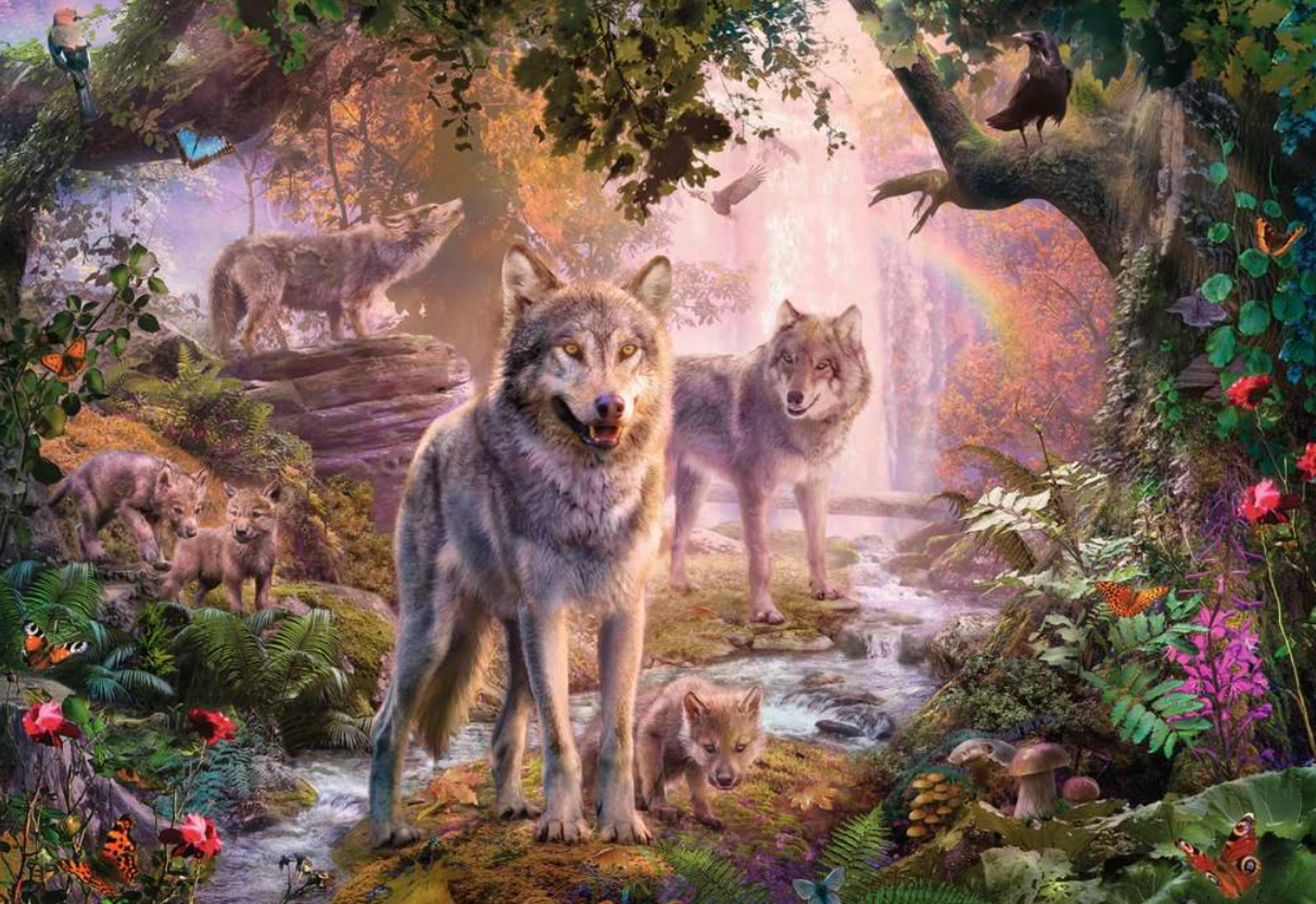 Wölfe und Welpen in einem magischen Wald mit Wasserfall und Regenbogen.