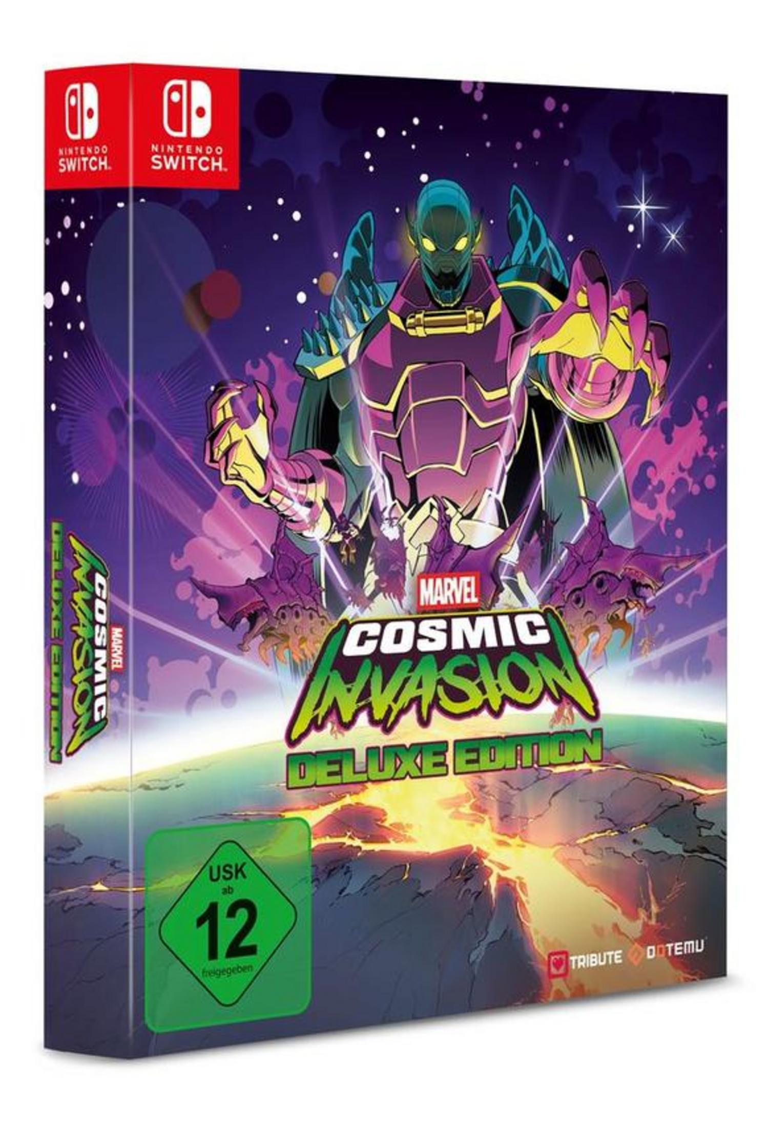 Gioco Nintendo Switch "Marvel Cosmic Invasion Deluxe Edition" con illustrazione a fumetti di un alieno viola.
