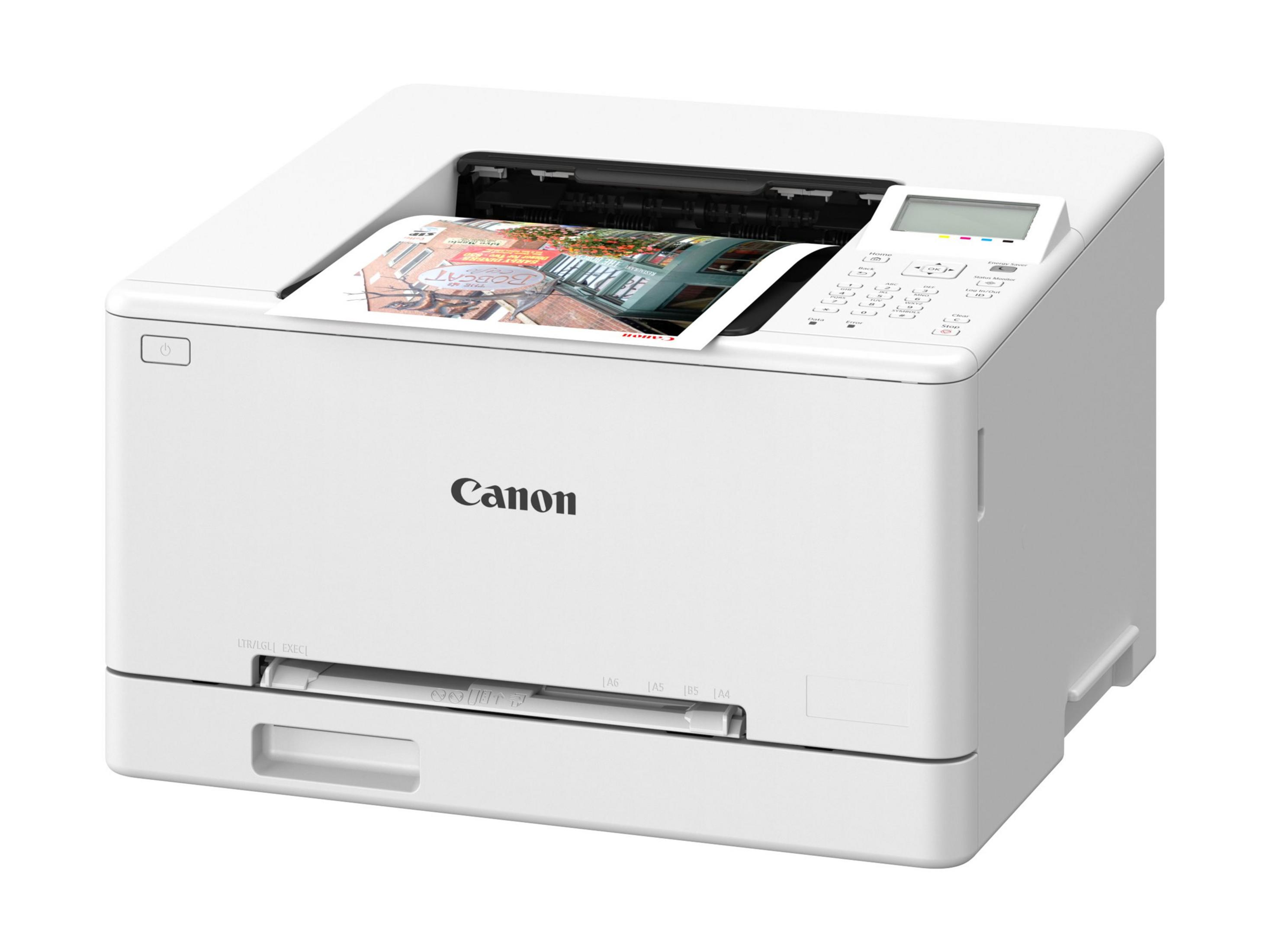 Biała drukarka laserowa Canon z kolorowym wydrukiem wychodzącym z podajnika wyjściowego.