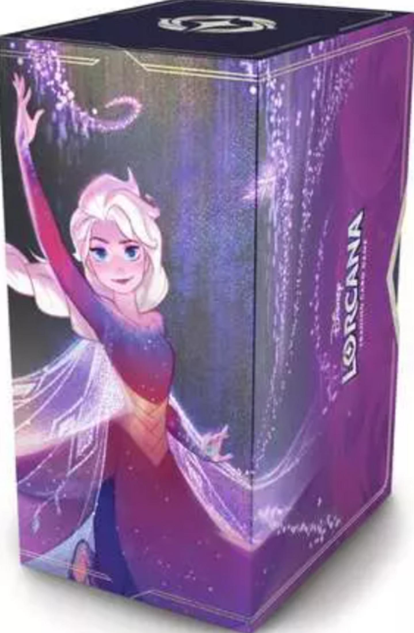 Une boîte violette avec Elsa de La Reine des Neiges, lançant des sorts.