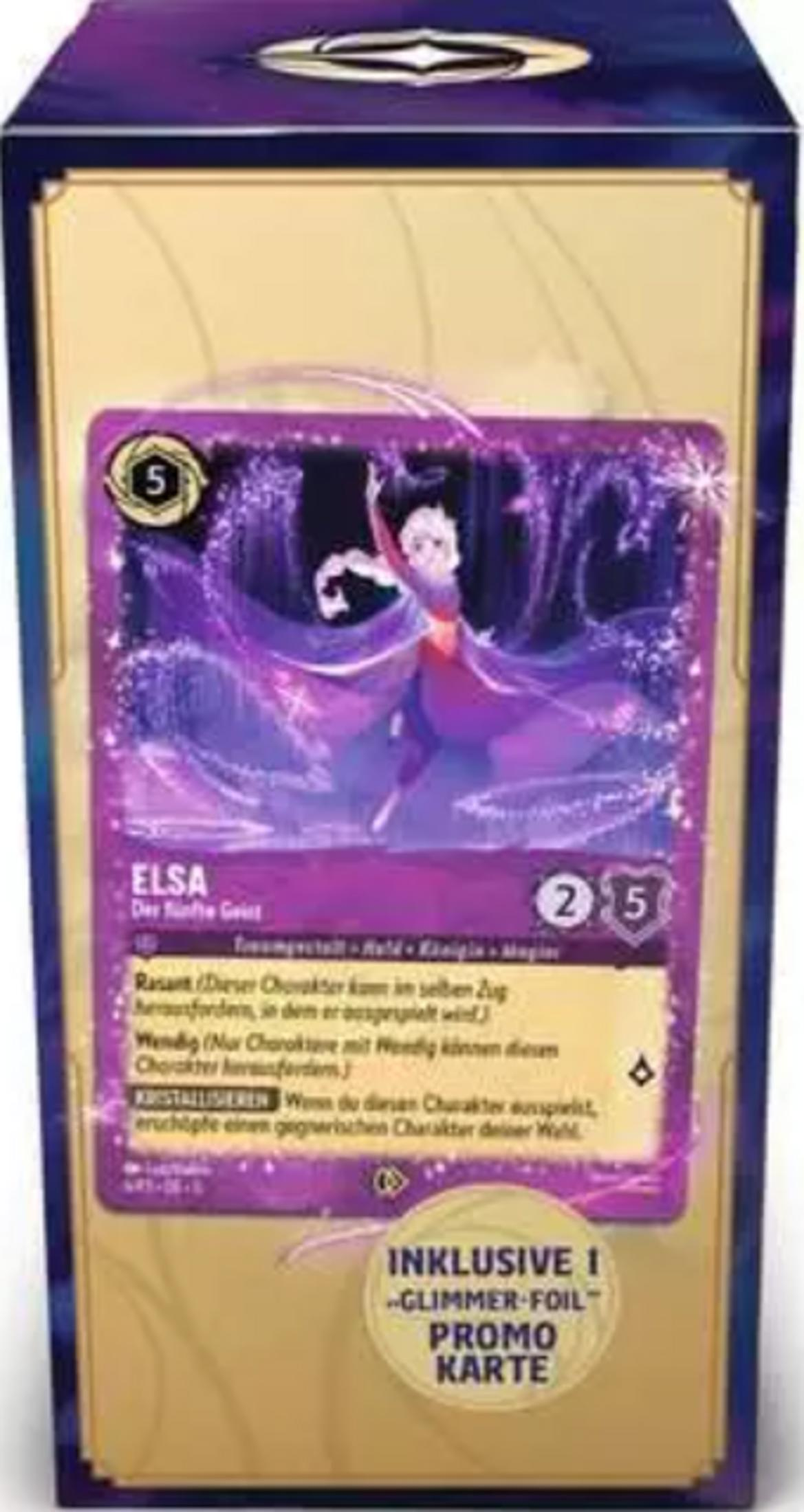 Une carte à collectionner avec Elsa dans une robe violette, entourée de glace et de neige.