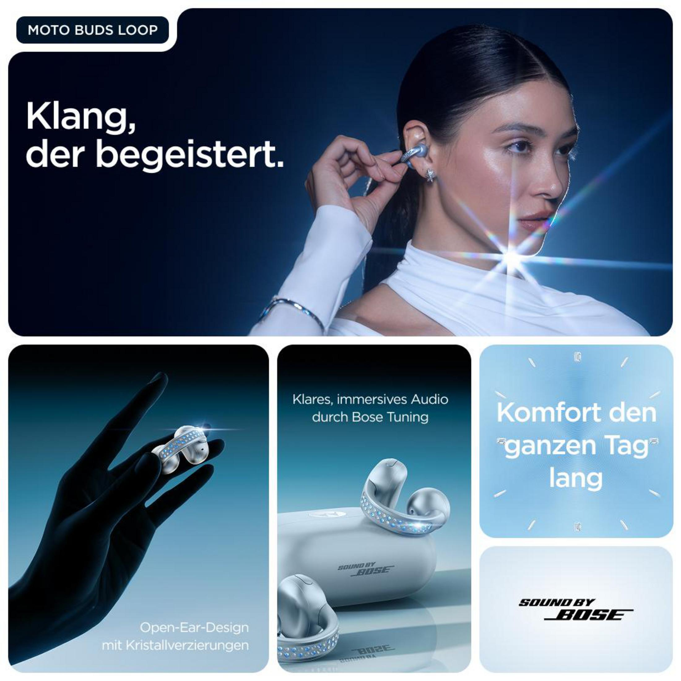 Mujer se pone auriculares, Moto Buds Loop con adornos de cristal.