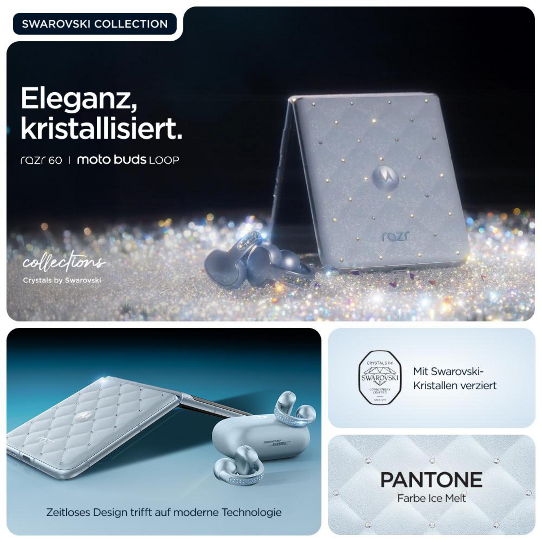 Motorola Razr 60 y Moto Buds Loop adornados con cristales Swarovski.
