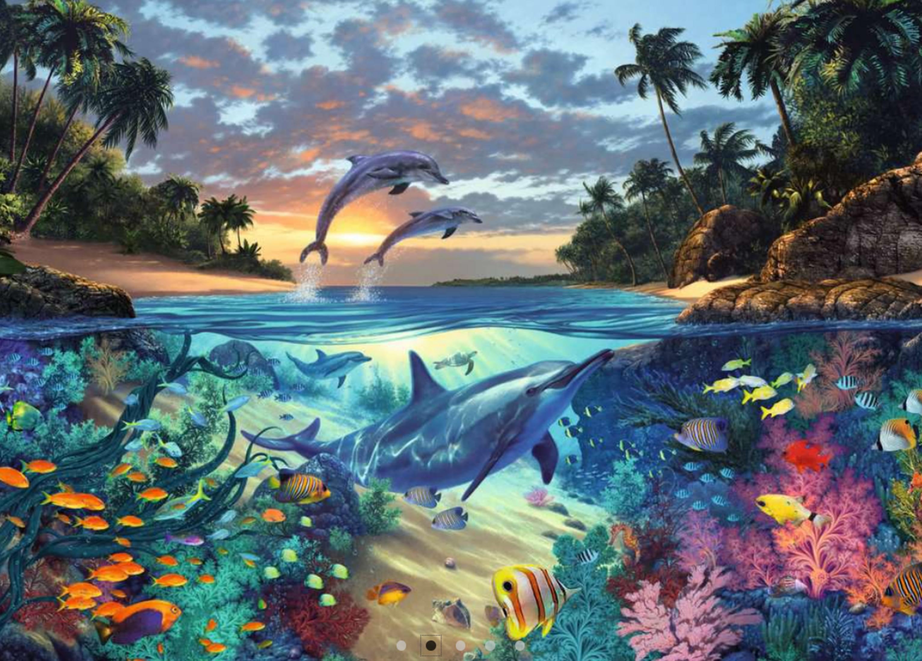 Des dauphins sautent hors de l'eau près d'une île tropicale avec des récifs coralliens et des poissons.