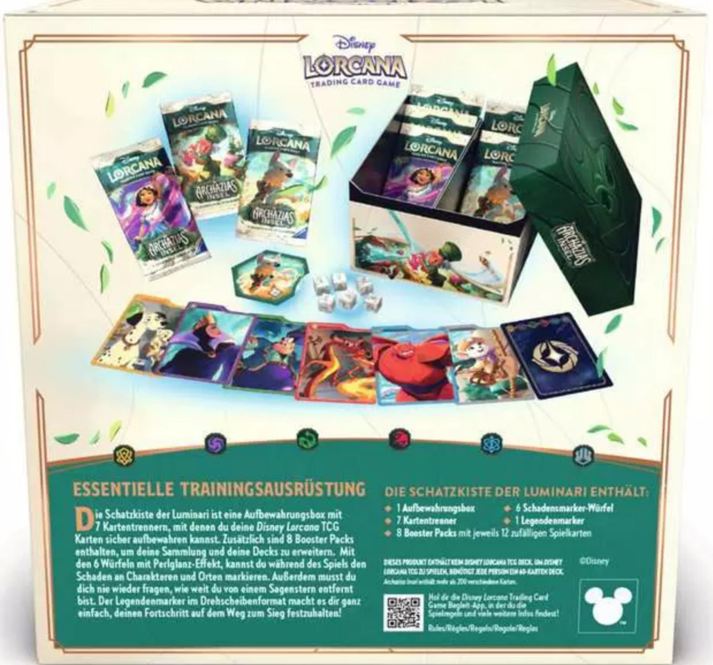 Boîte de jeu Disney Lorcana avec boosters, cartes, dés et marqueurs.