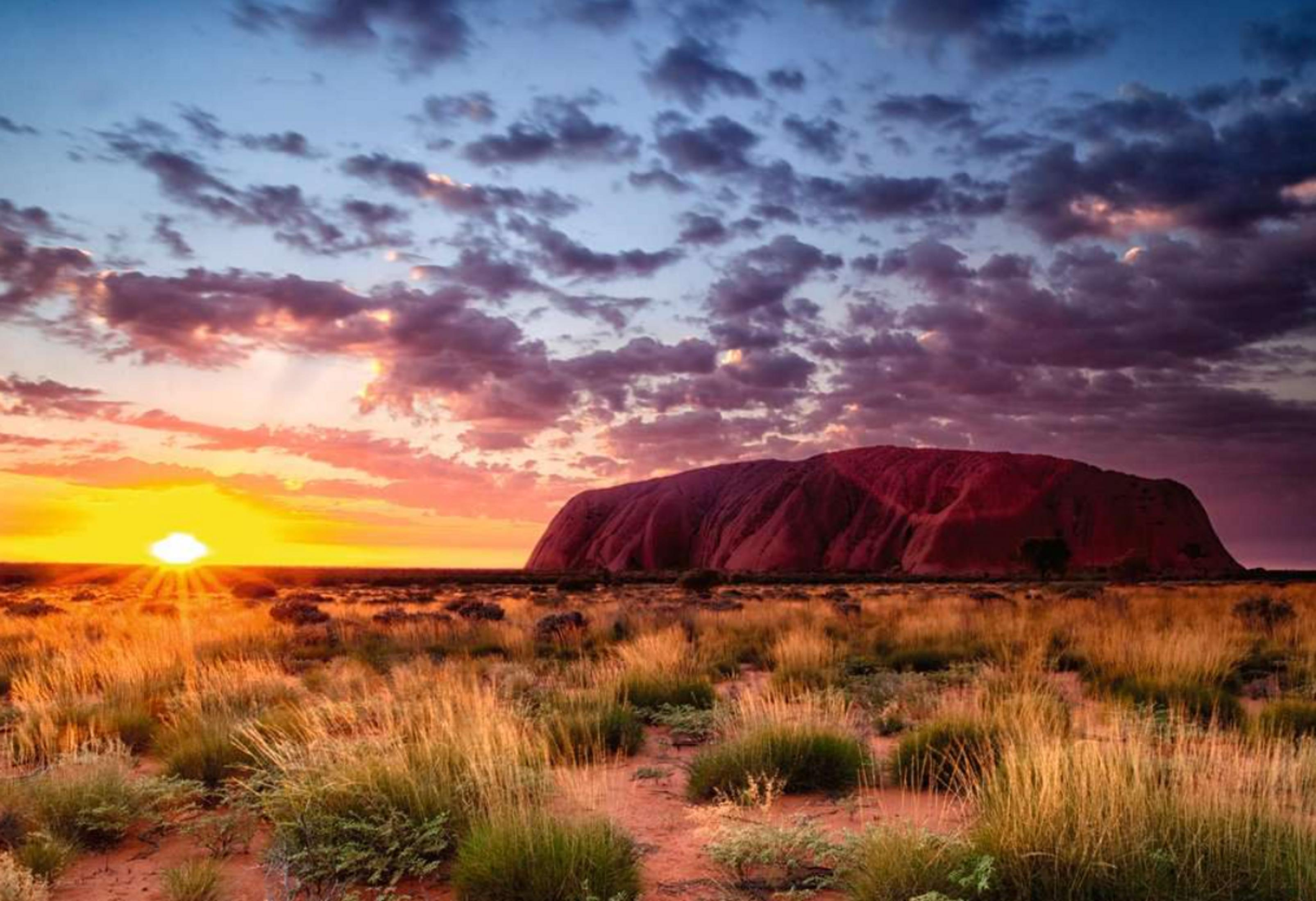 Felsformation Uluru bei Sonnenuntergang mit dramatischen Wolken und Gräsern im Vordergrund.