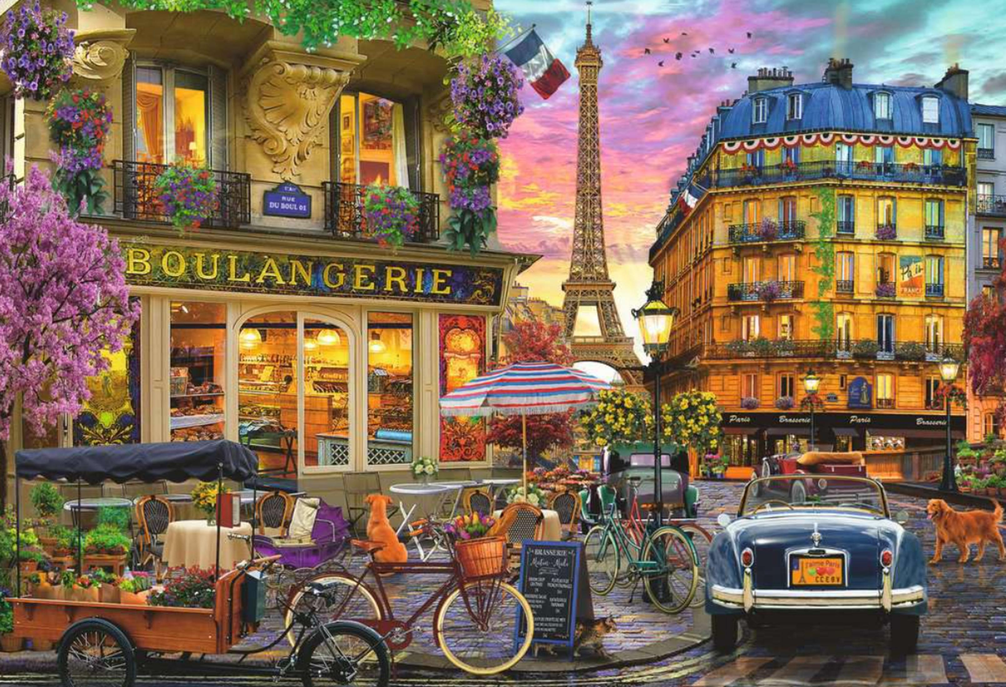 Scène de rue parisienne avec Tour Eiffel, boulangerie, voitures et chiens.