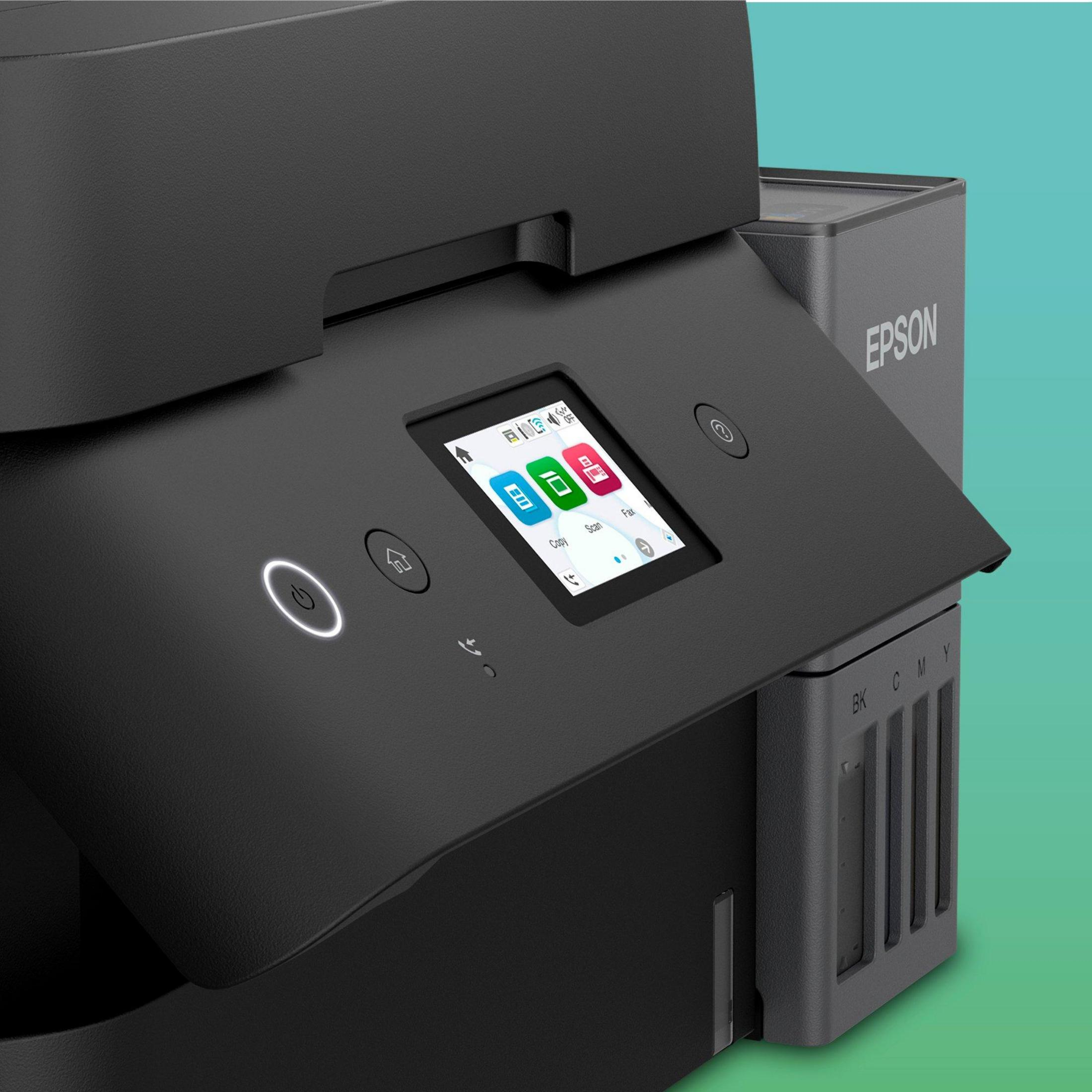 Nahaufnahme eines schwarzen Epson-Druckers mit Farbdisplay, das Kopier-, Scan- und Faxoptionen anzeigt.