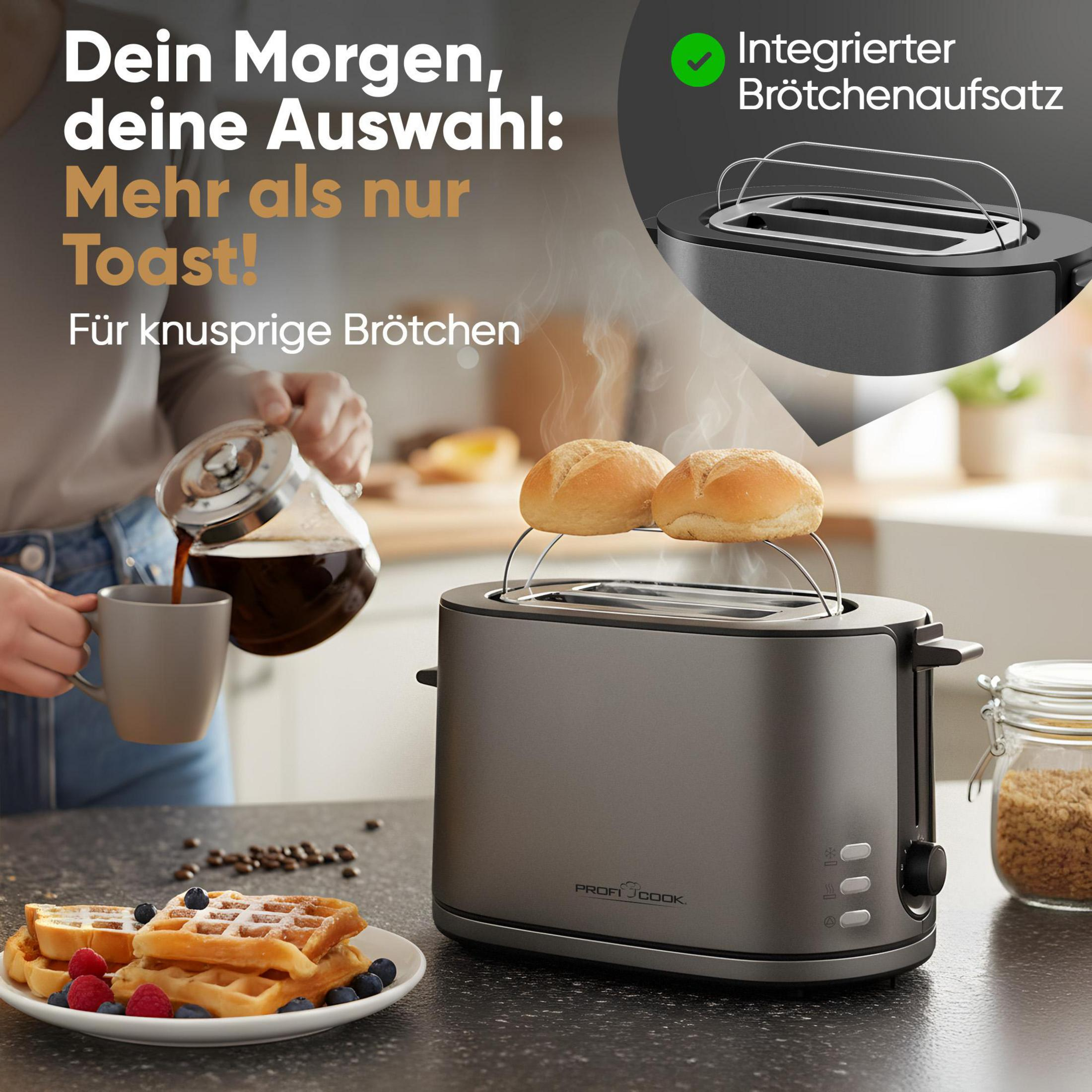 Ein Toaster mit Brötchenaufsatz, daneben Kaffee und Waffeln.