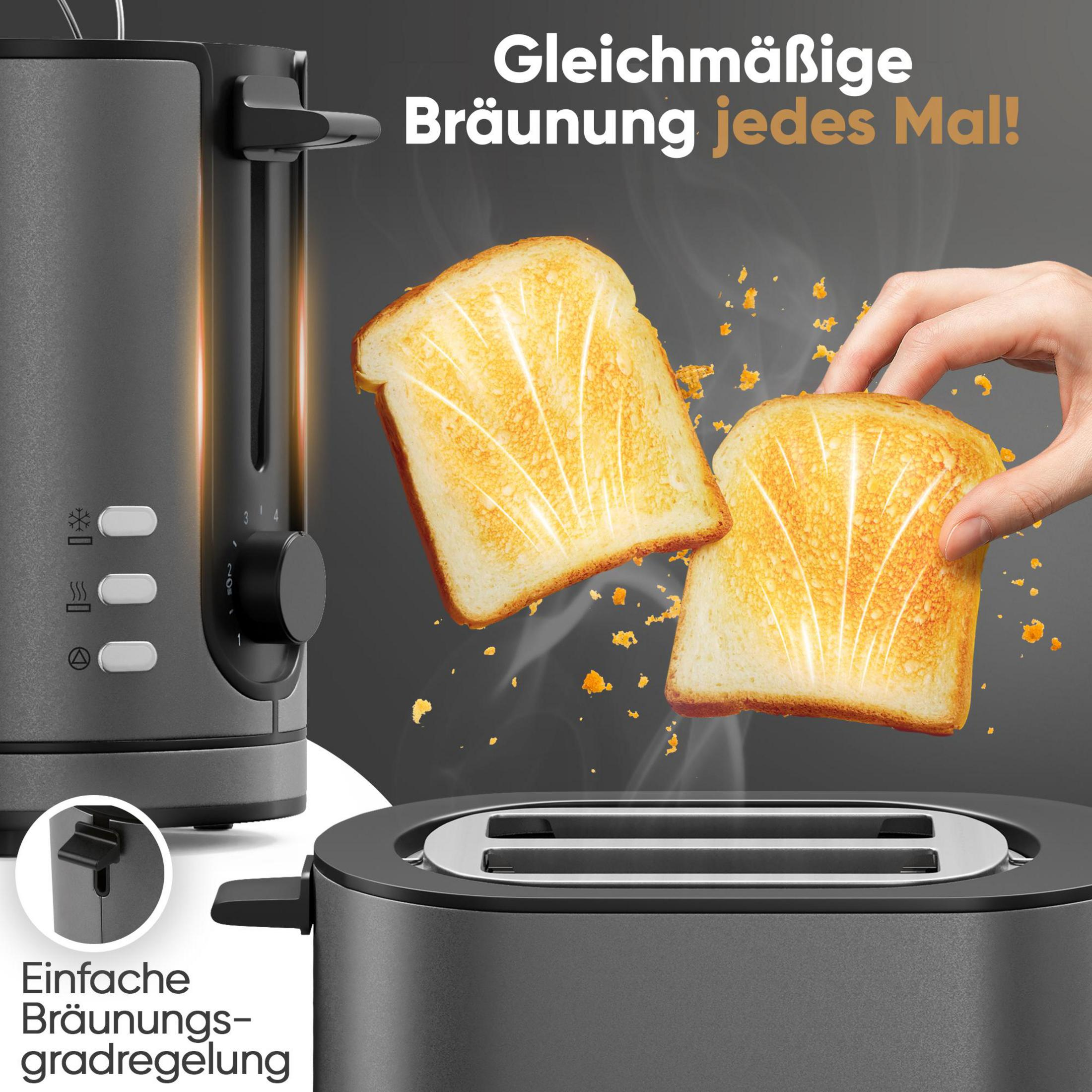 Ein Toaster mit perfekt gebräunten Toastscheiben, die herausgehoben werden.