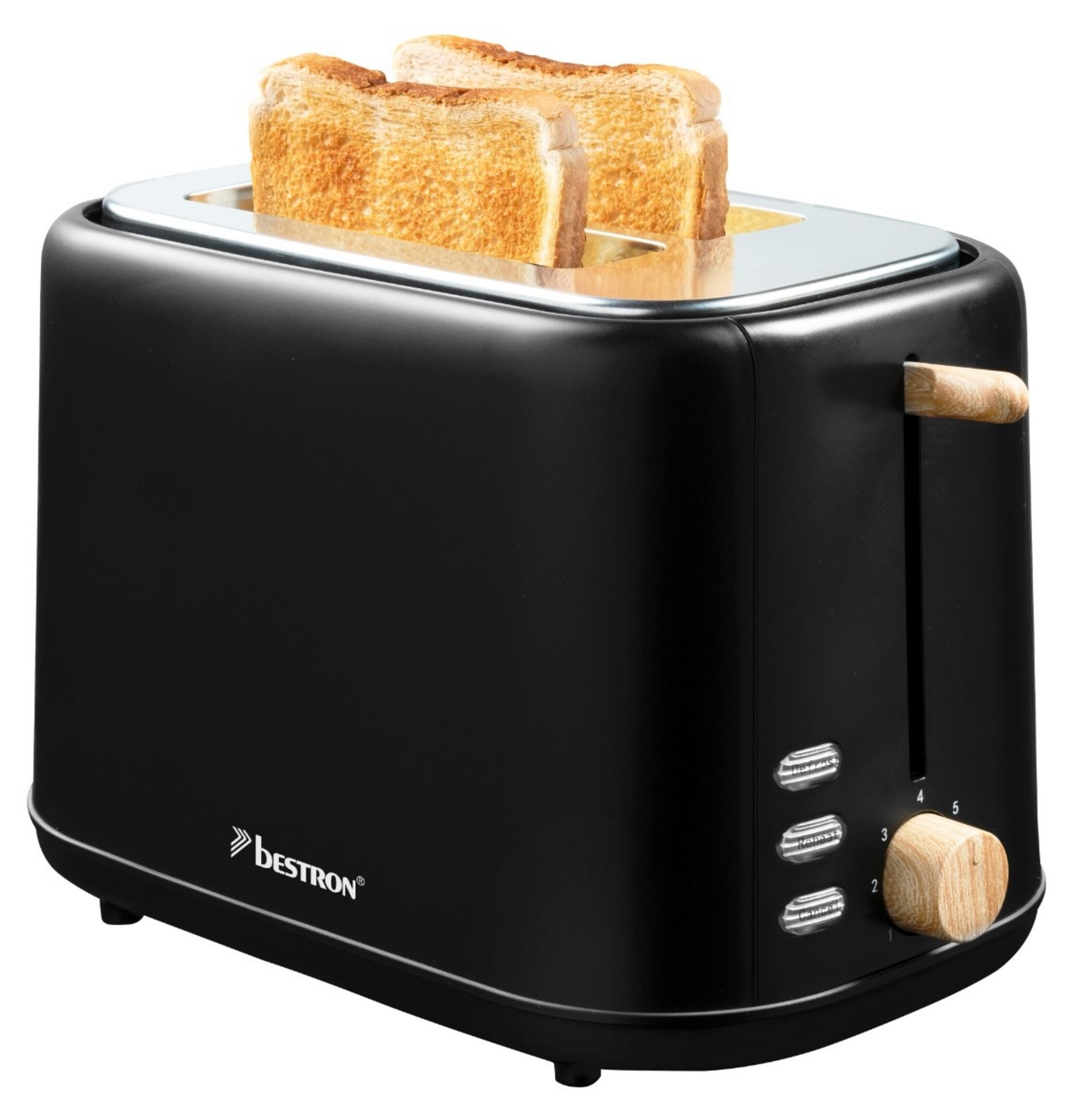 Ein schwarzer Toaster mit zwei Scheiben Toast, der aus den Schlitzen herausragt.