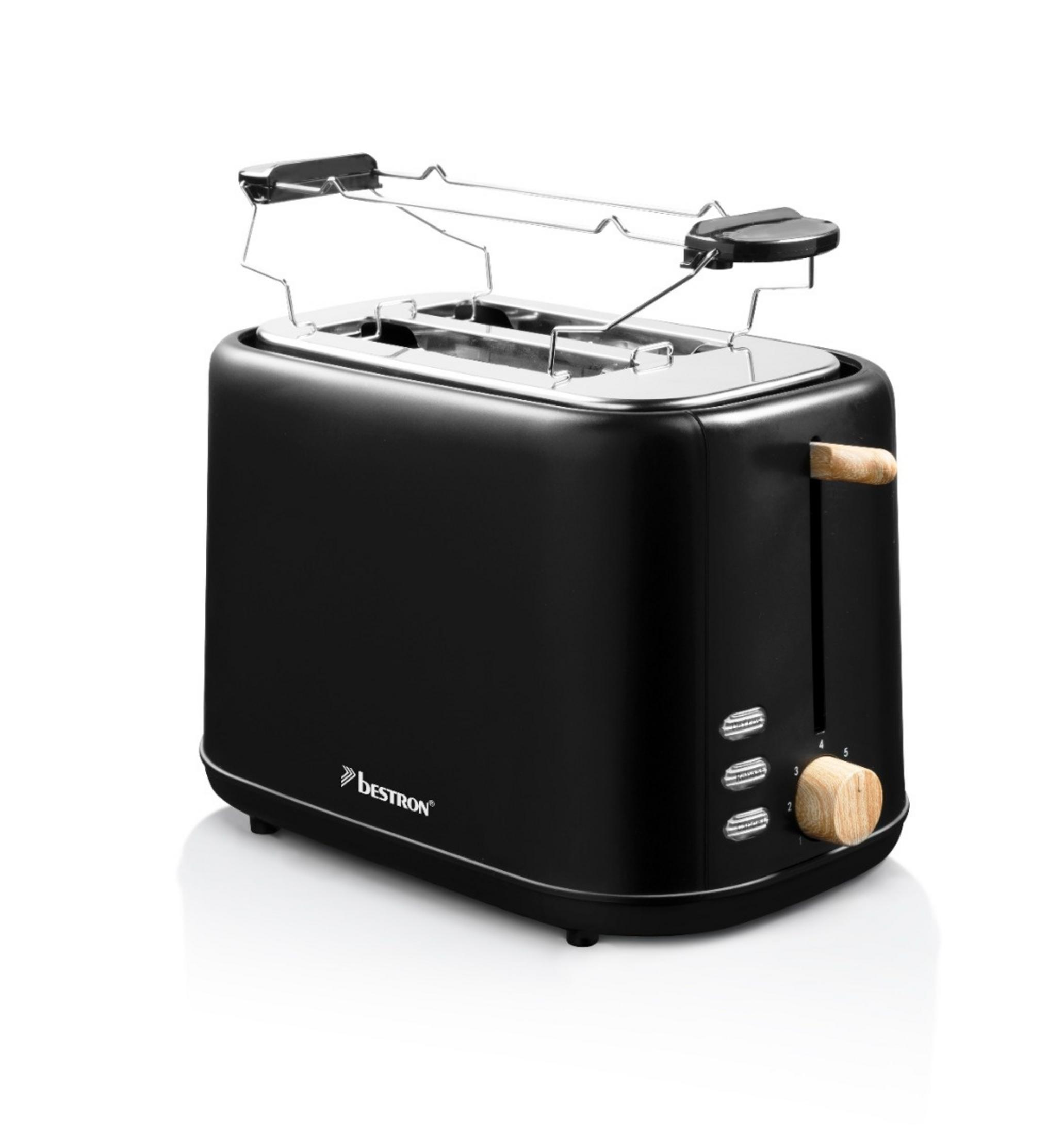 Schwarzer Toaster mit Chromdetails und Holzgriff auf weißem Hintergrund.