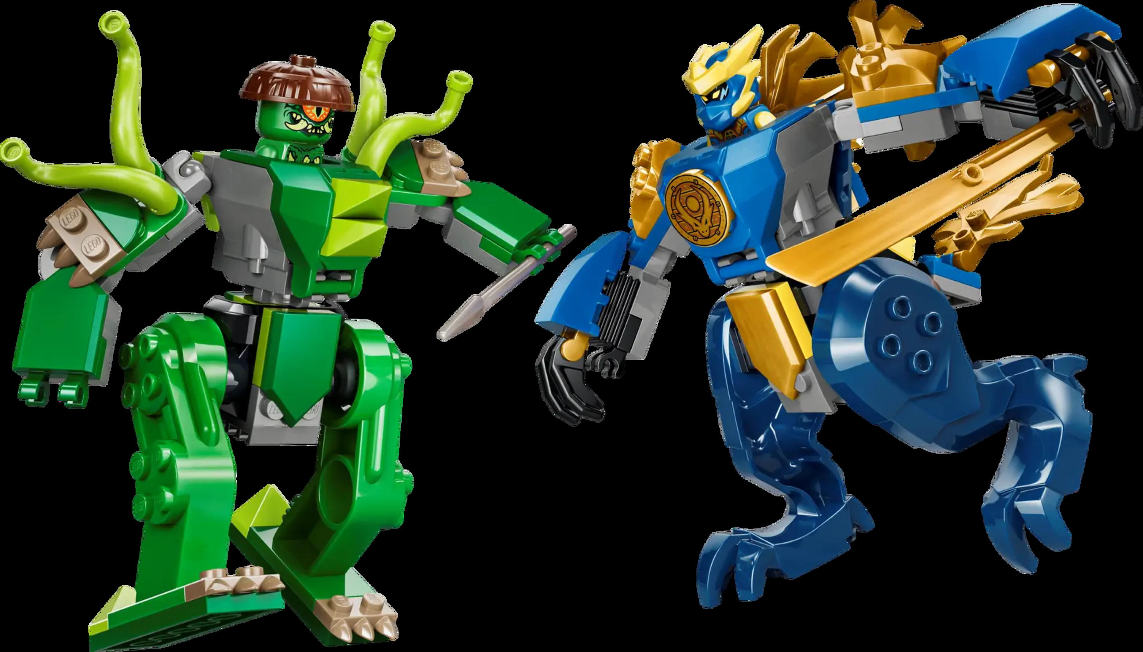 Mechs Lego verdes y azules con armas, uno tiene brazos como enredaderas, otro alas doradas.