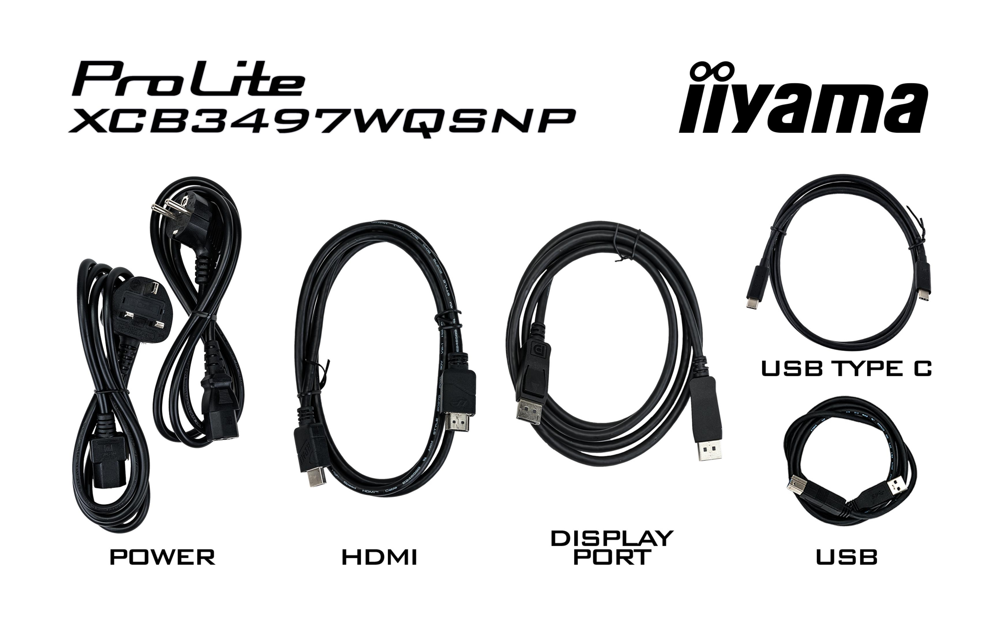 Cables de alimentación, HDMI, DisplayPort y USB para ProLite XCB3497WQSNP, iiyama.