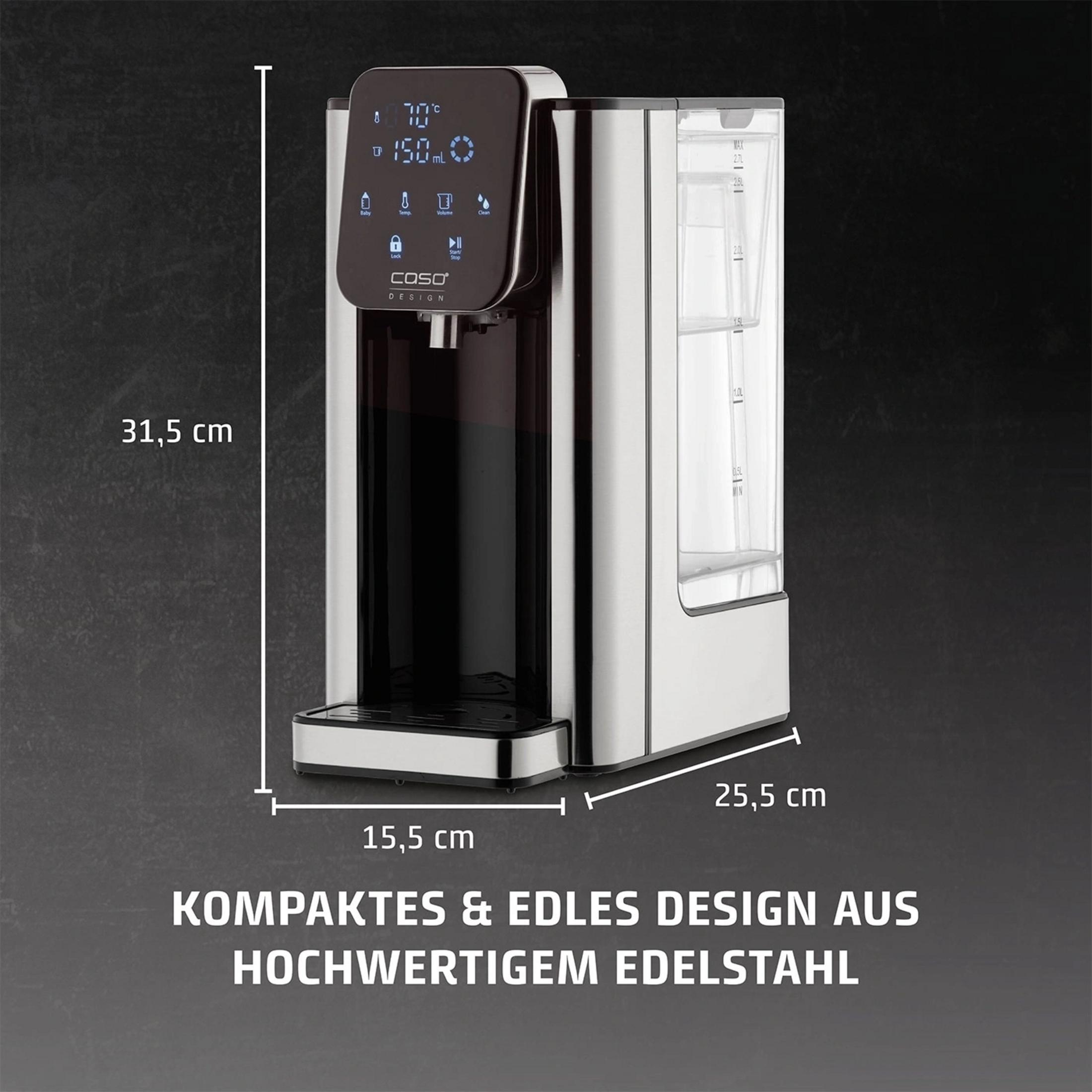 Kompakter Wasserspender aus Edelstahl mit Display und Wasserbehälter.