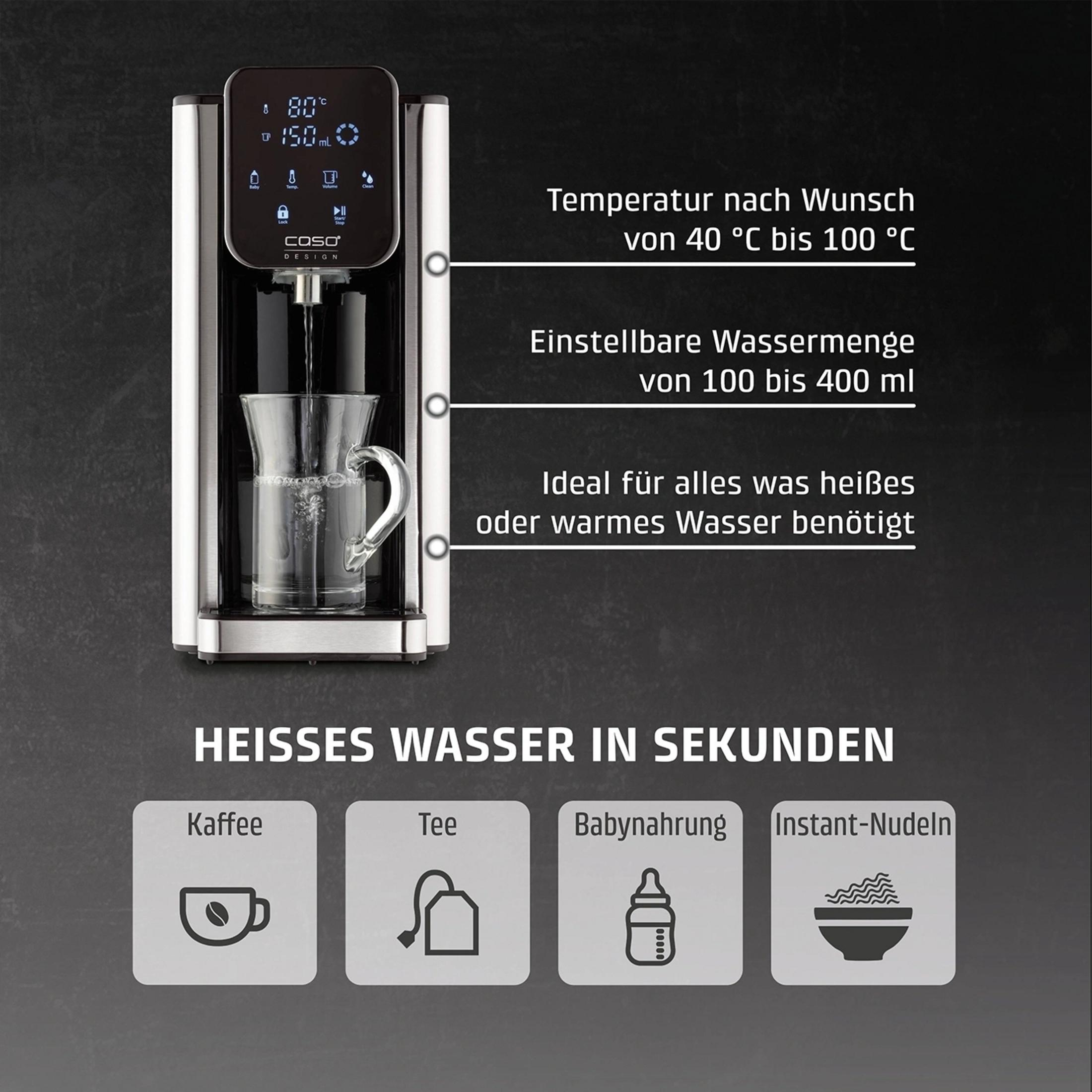 Ein Wasserspender mit digitaler Anzeige, der heißes Wasser für Kaffee, Tee, Babynahrung und Nudeln liefert.