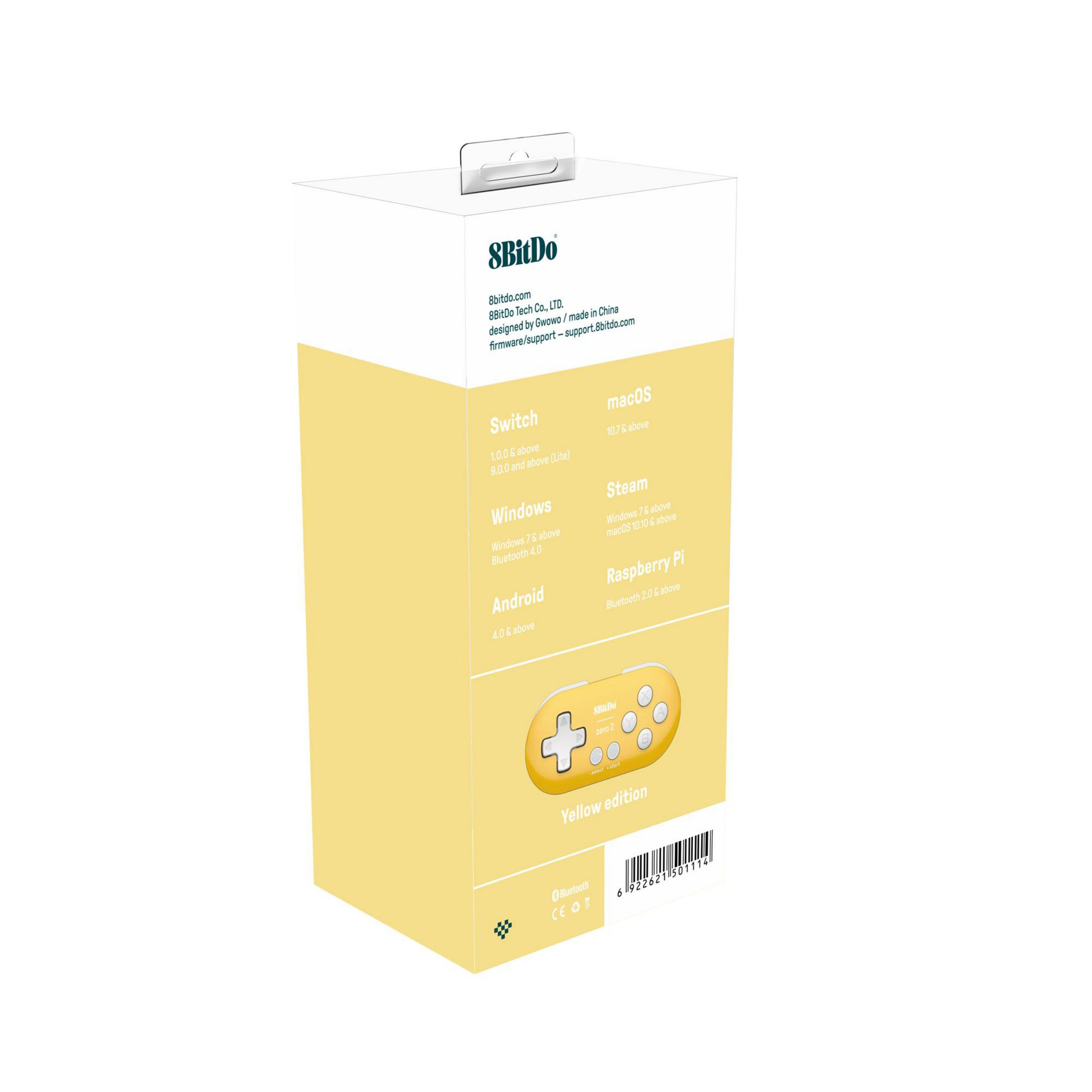 Confezione di un controller 8BitDo giallo che mostra la compatibilità di sistema.