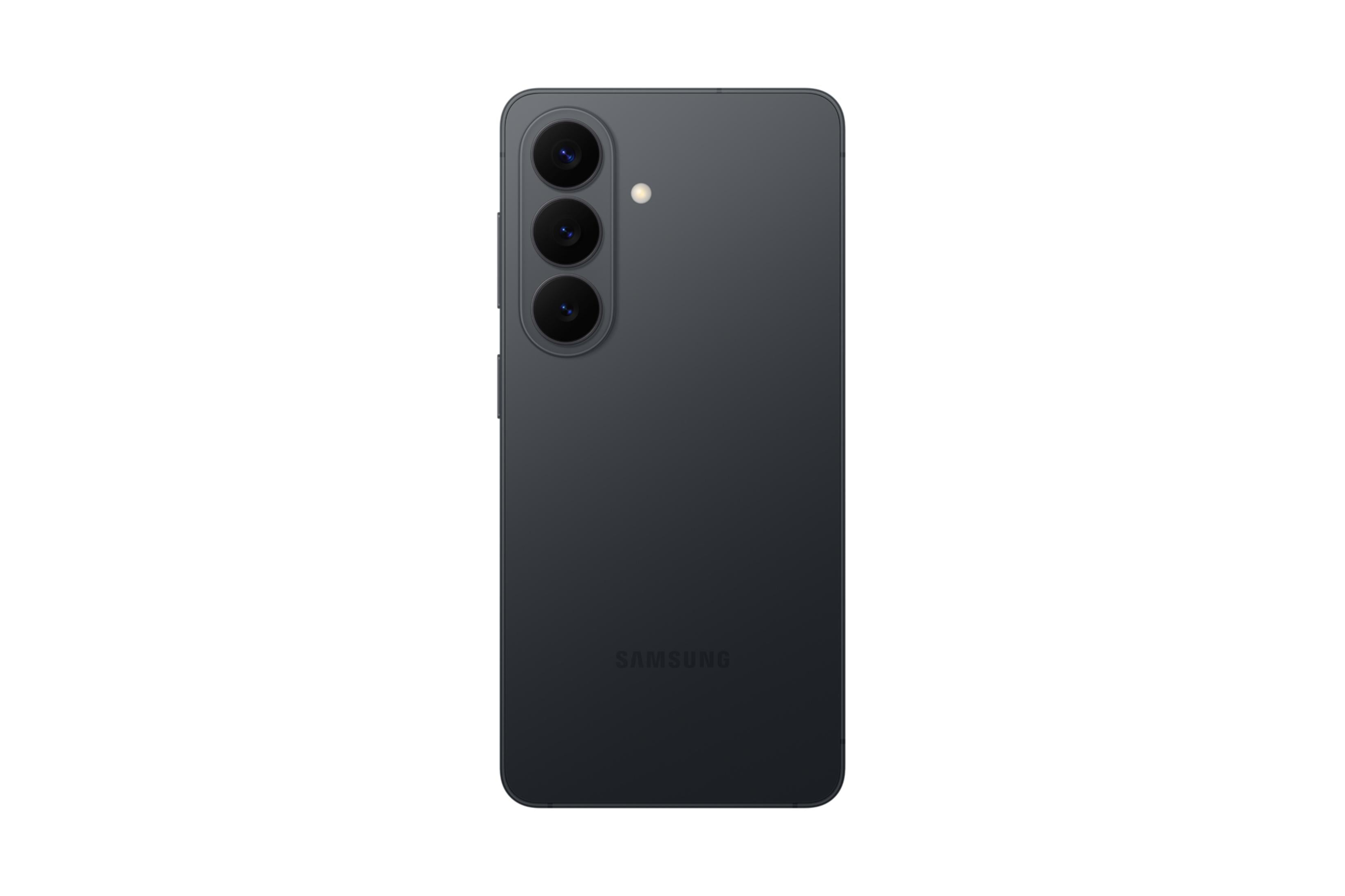 Smartphone grigio scuro con tre obiettivi e flash.