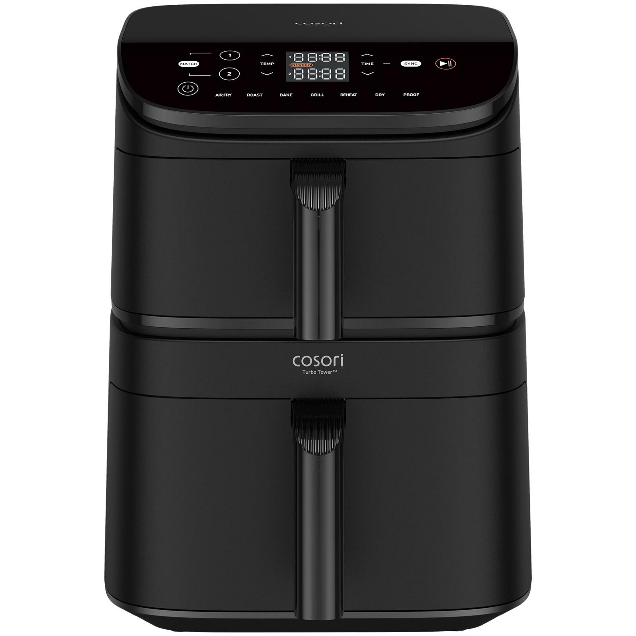 Friggitrice ad aria Cosori Turbo Tower nera con display digitale e controlli touch. Doppi cestelli.