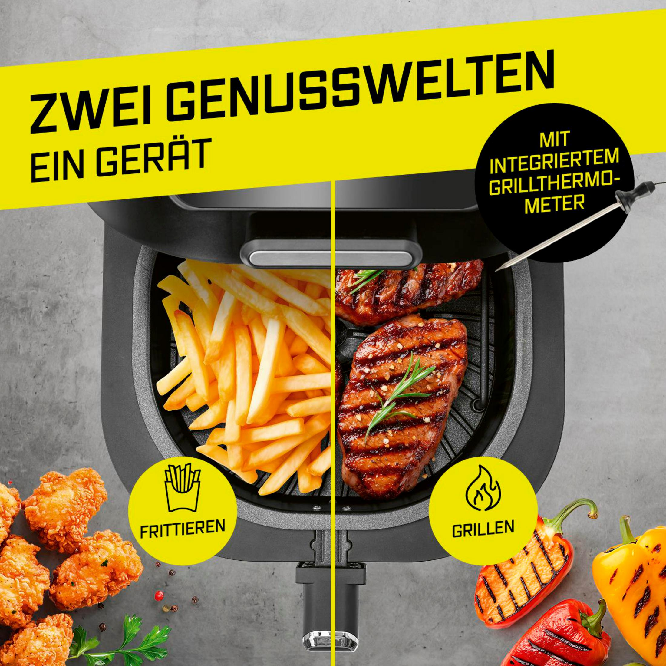 Doppelte Genusswelten in einem Gerät: Frittierte Pommes und gegrillte Steaks.
