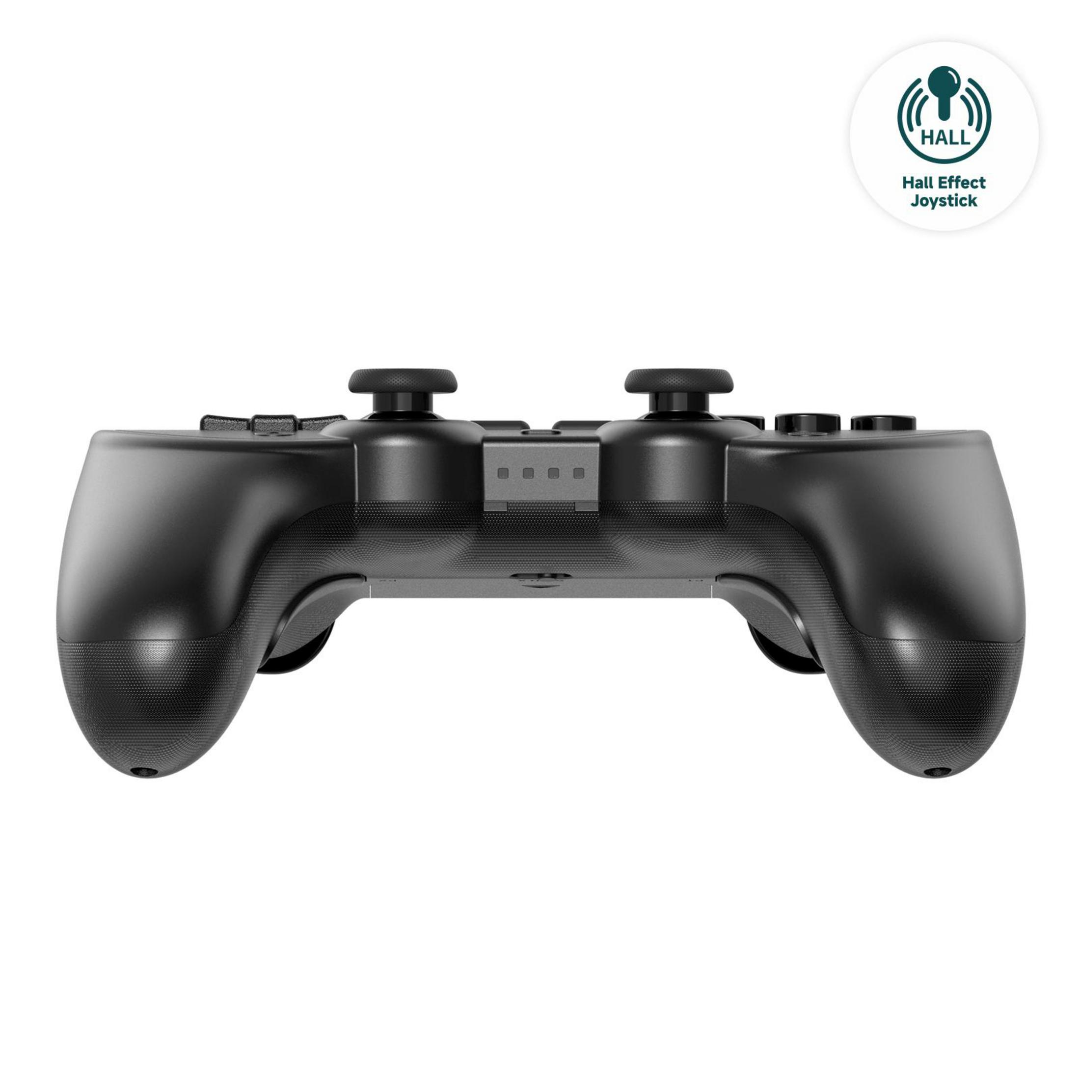 Controller di gioco nero con due joystick e pulsanti. In alto a destra, icona circolare per Joystick Hall Effect.