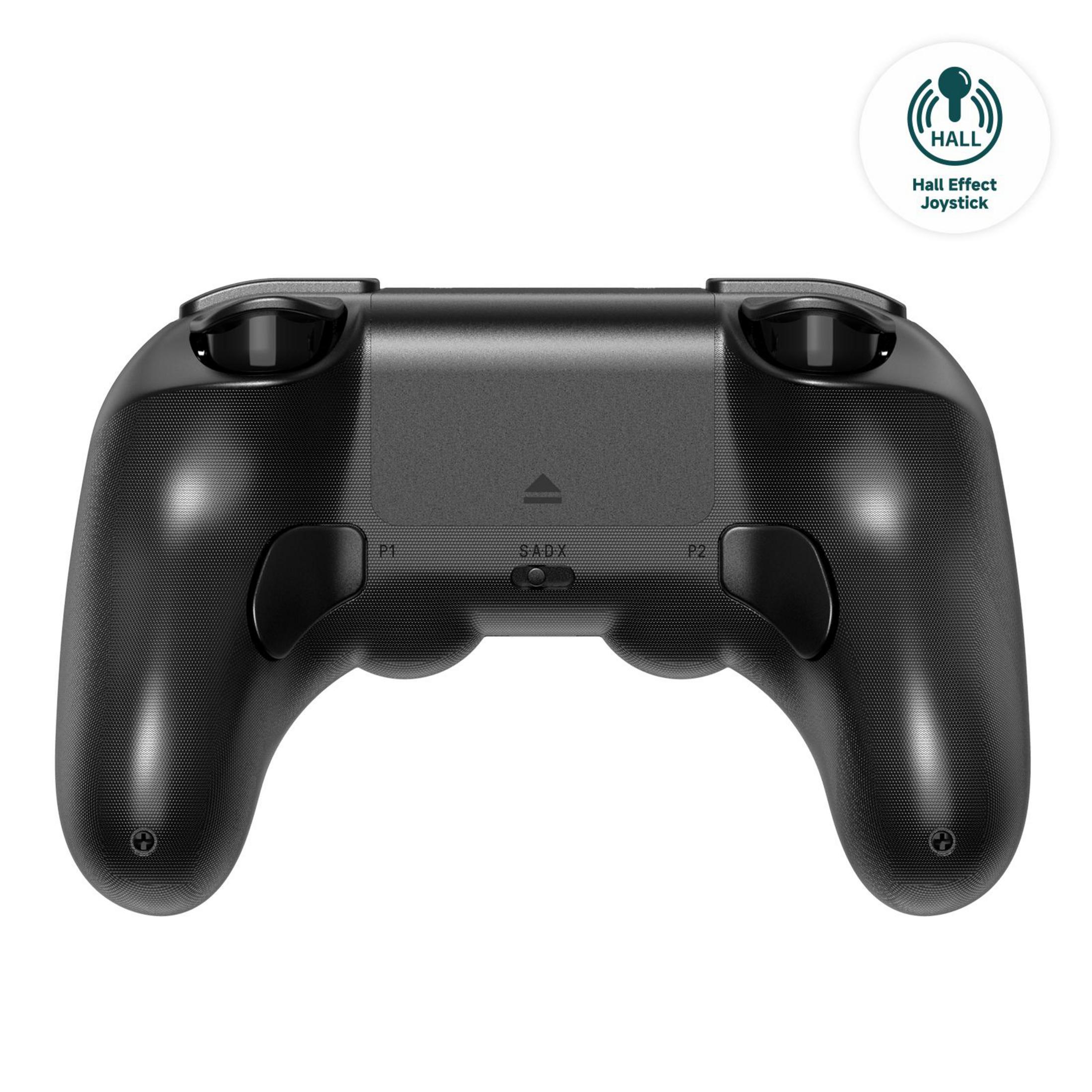 Retro di un controller nero con icona joystick Hall Effect.