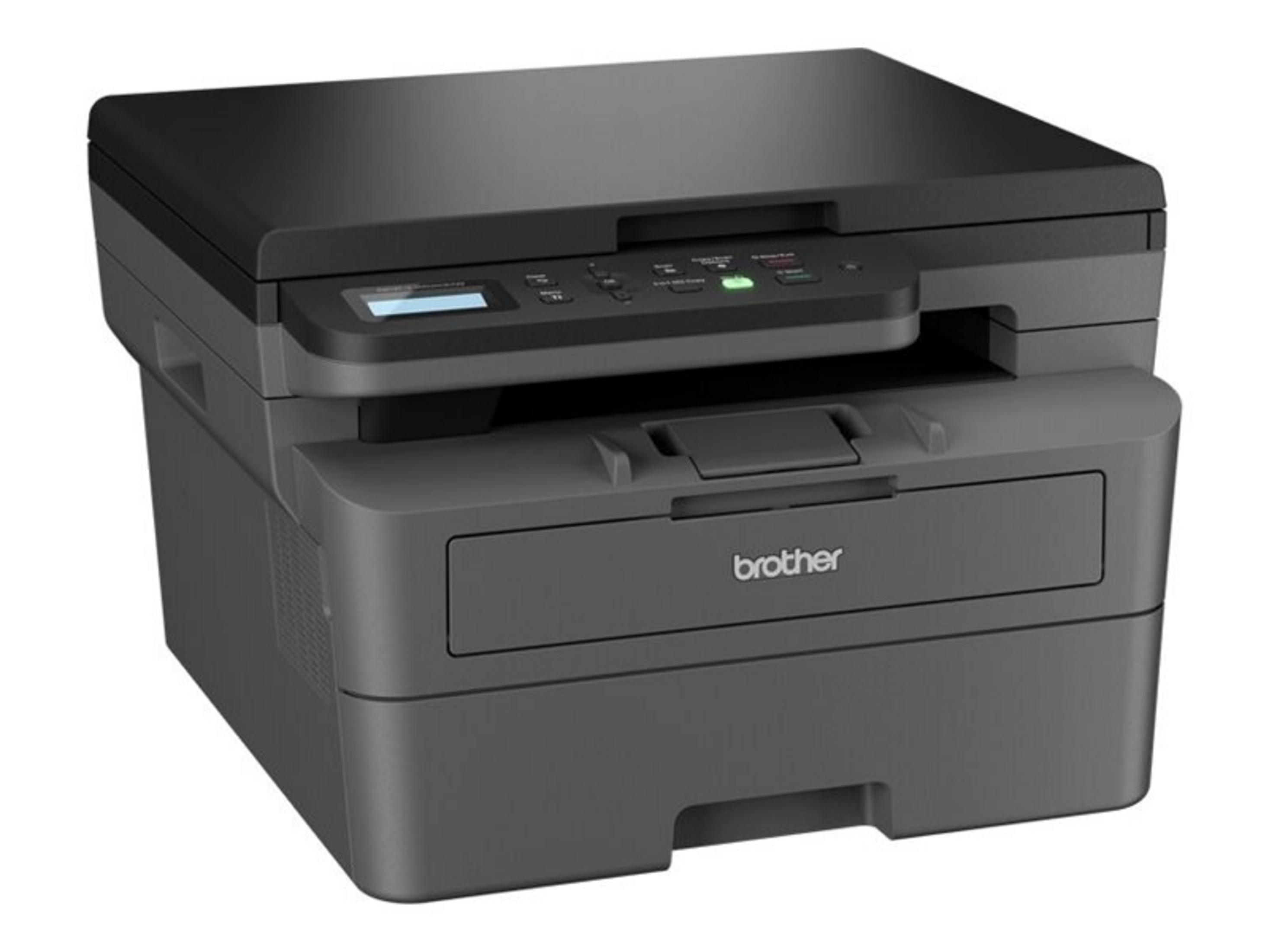 Ein schwarzer Brother Laserdrucker mit einem Papierfach vorne und einem Bedienfeld oben.