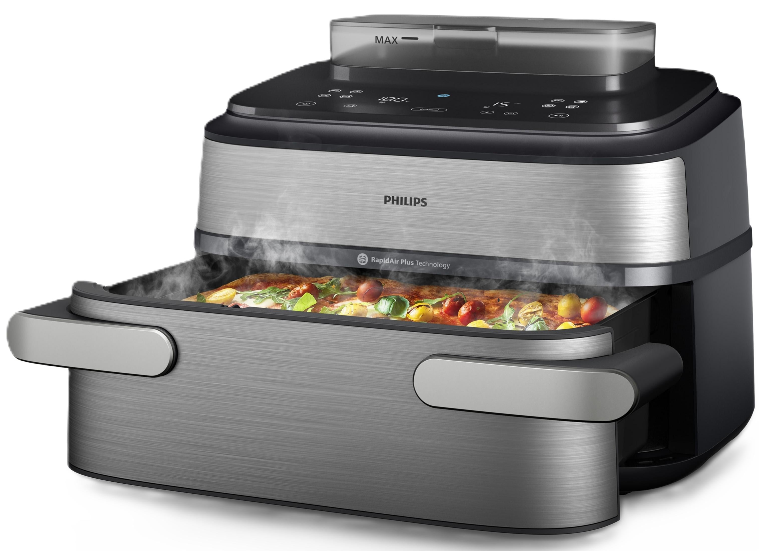 Piekarnik frytkownicy powietrznej Philips z potrawą z pizzy w środku.