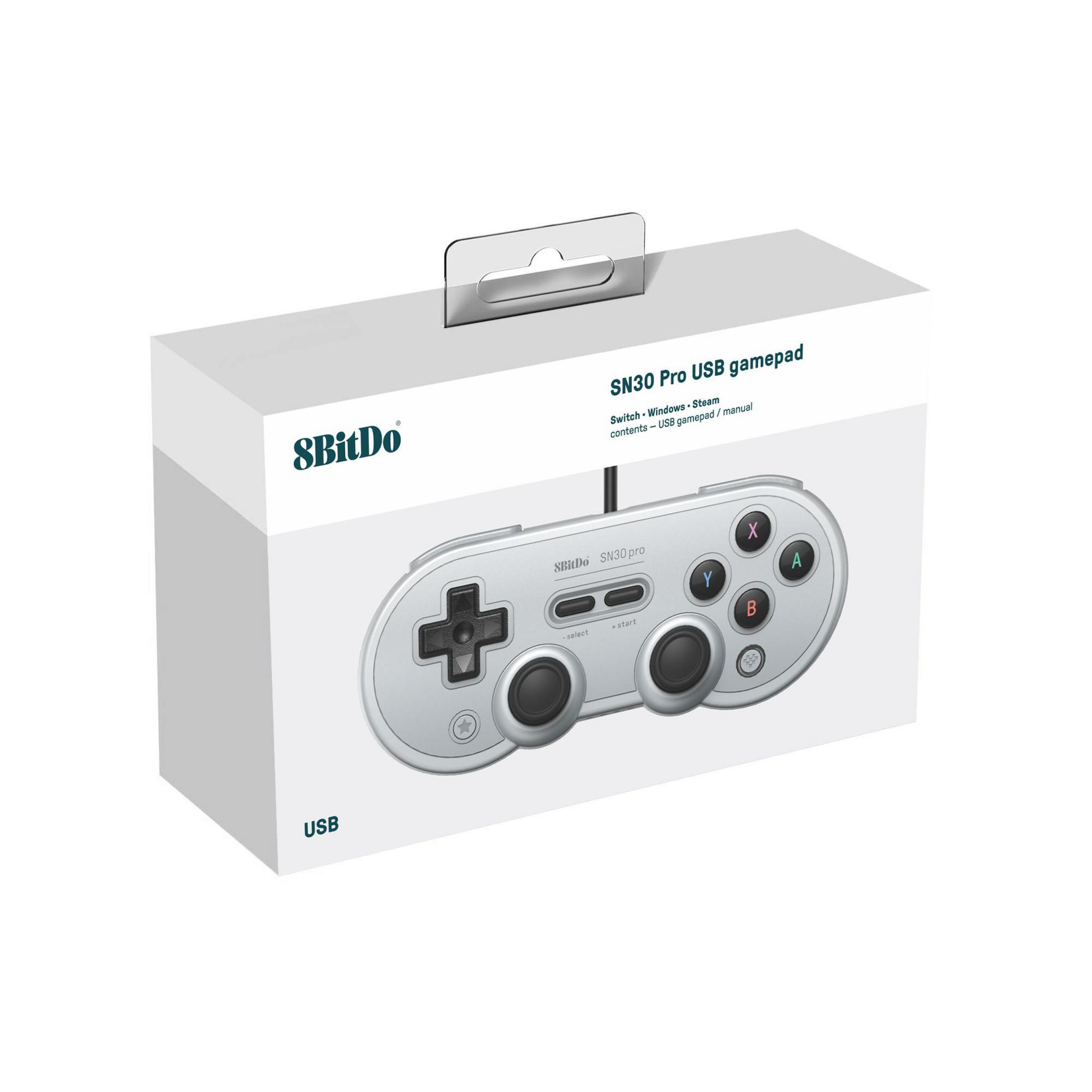 Scatola bianca gamepad 8BitDo SN30 Pro USB con controller.