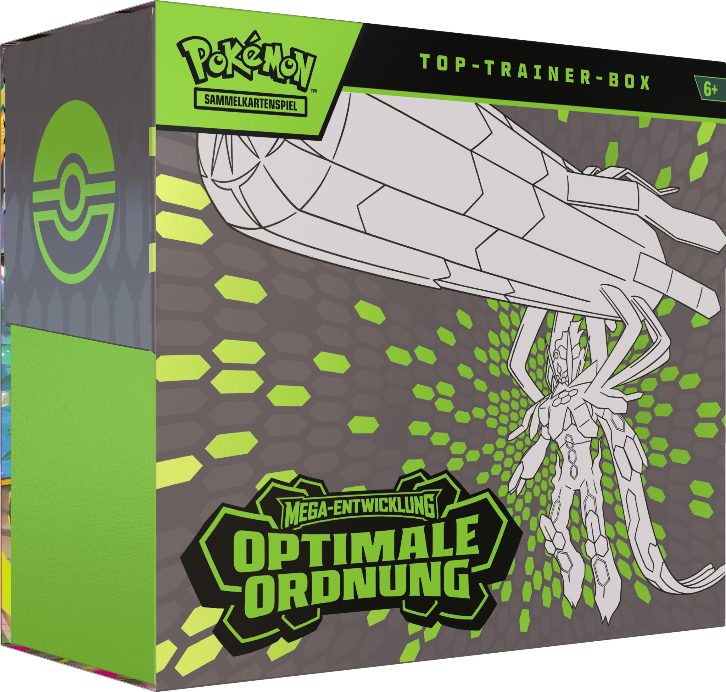 Pokemon Top Trainer Box mit einem silbernen Pokemon und grünem Hexagon-Muster.