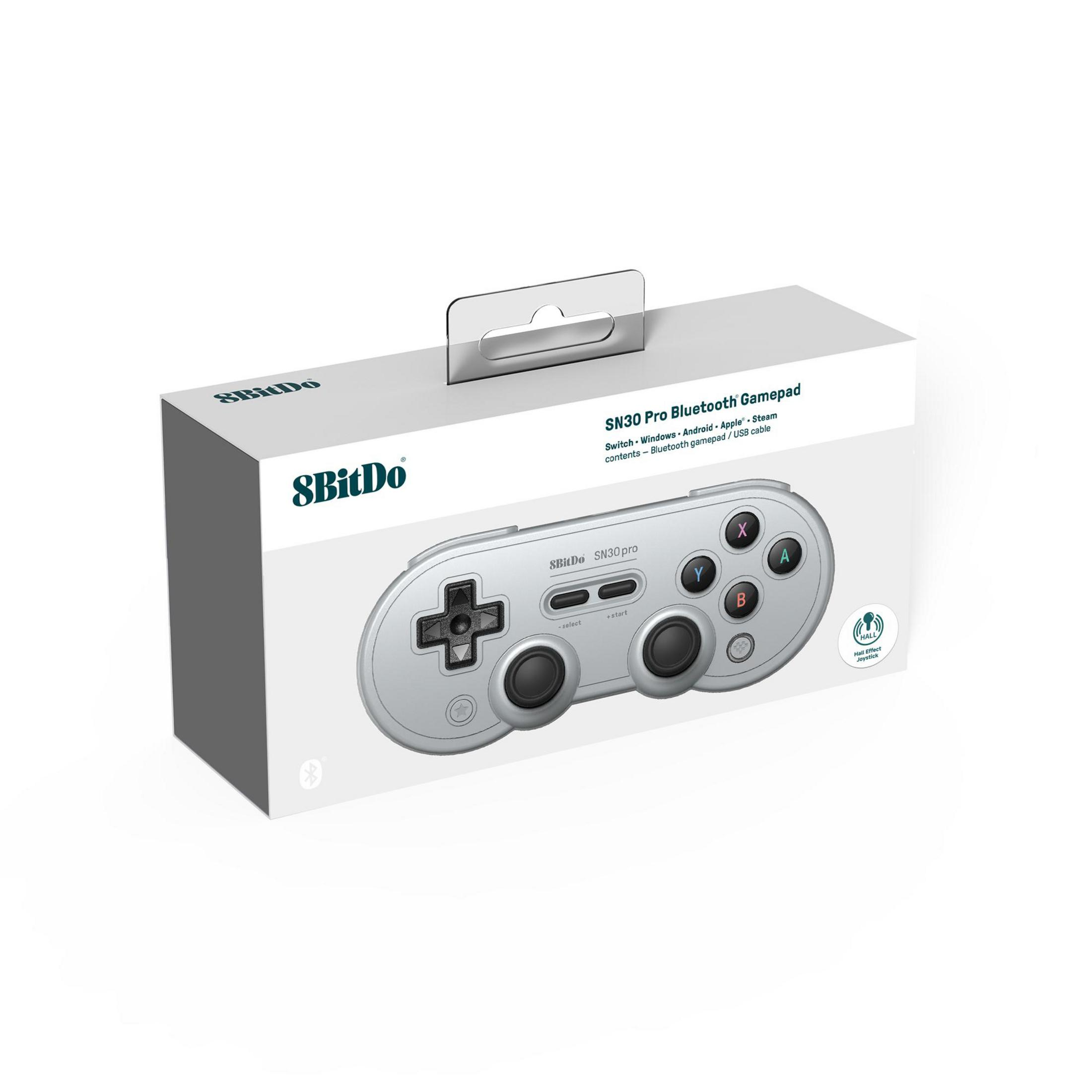 Scatola gamepad Bluetooth 8BitDo SN30 Pro argentata con gamepad.