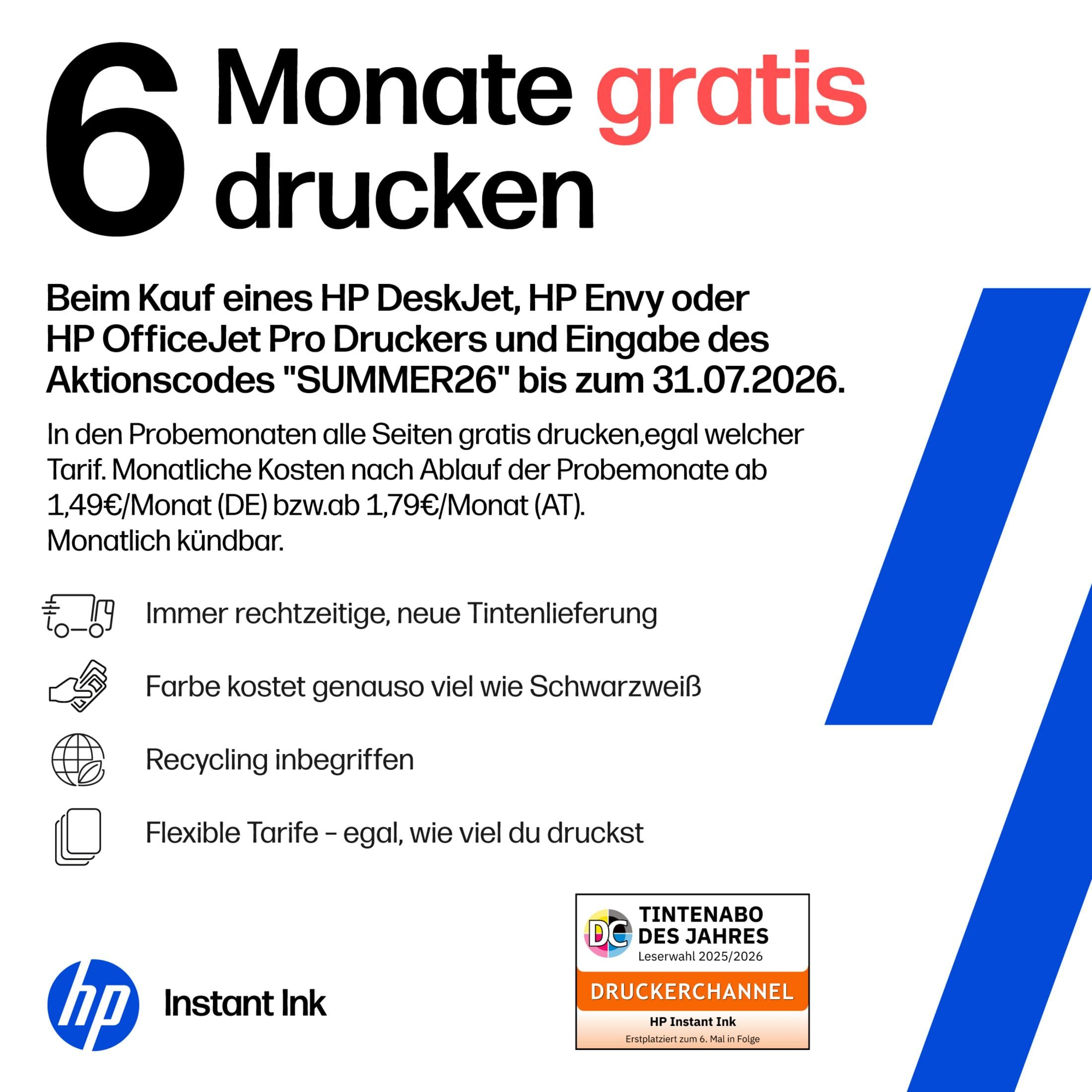 6 Monate gratis drucken: HP Aktion mit Tintenlieferung, Recycling, flexiblen Tarifen.