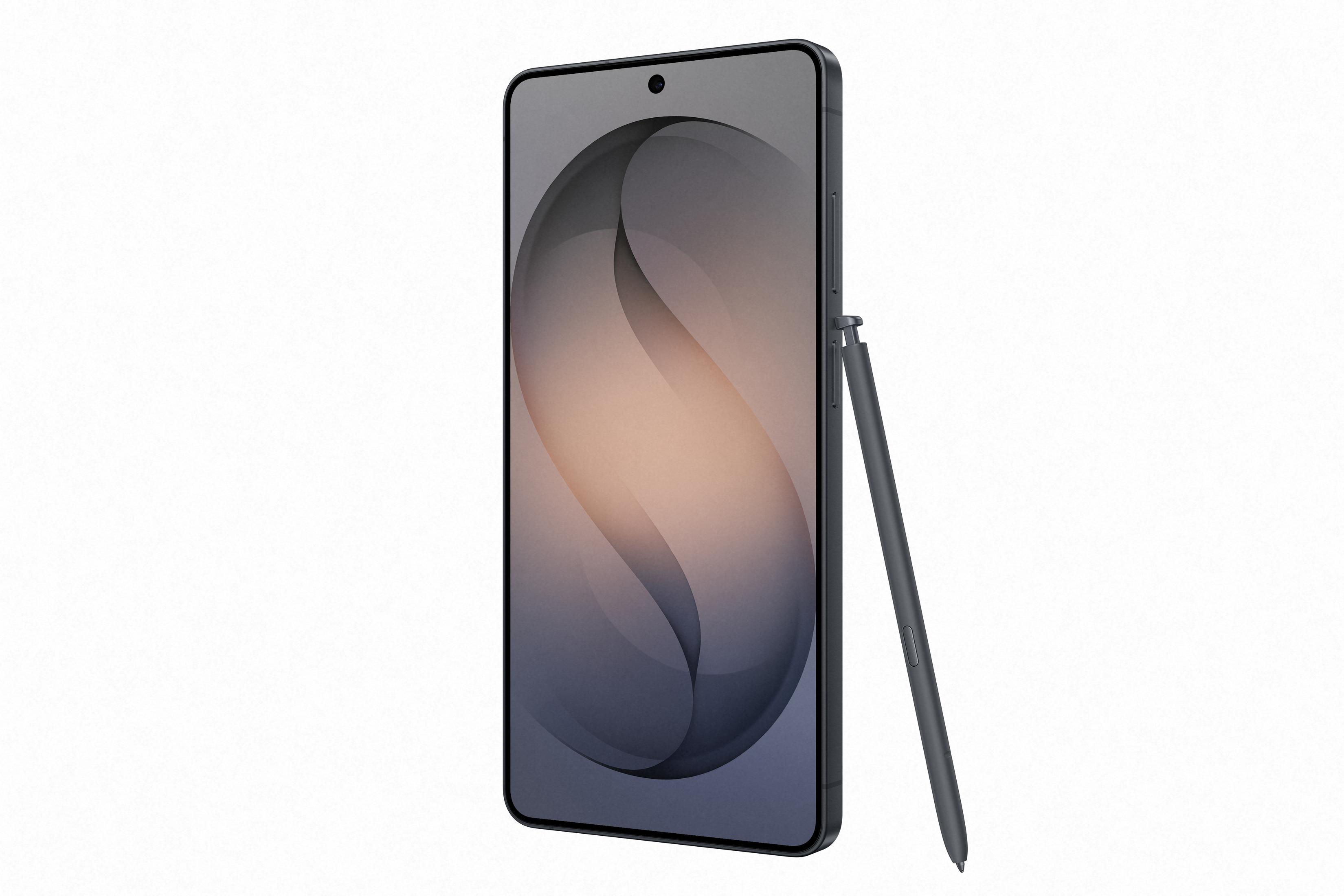Ciemny smartfon z rysikiem obok, na białym tle.