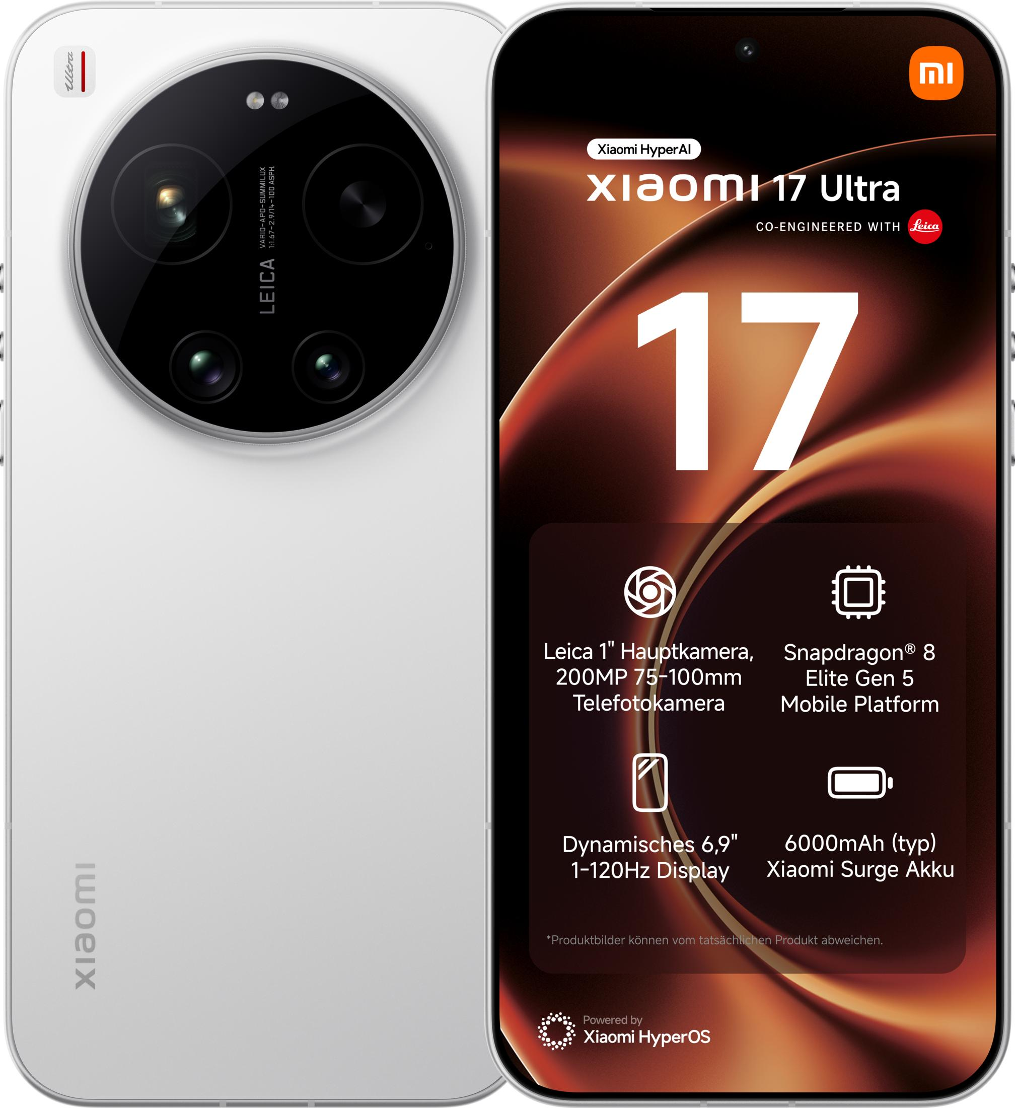 Ein weißes Xiaomi 17 Ultra Smartphone mit Leica Kamera und technischen Daten auf dem Bildschirm.