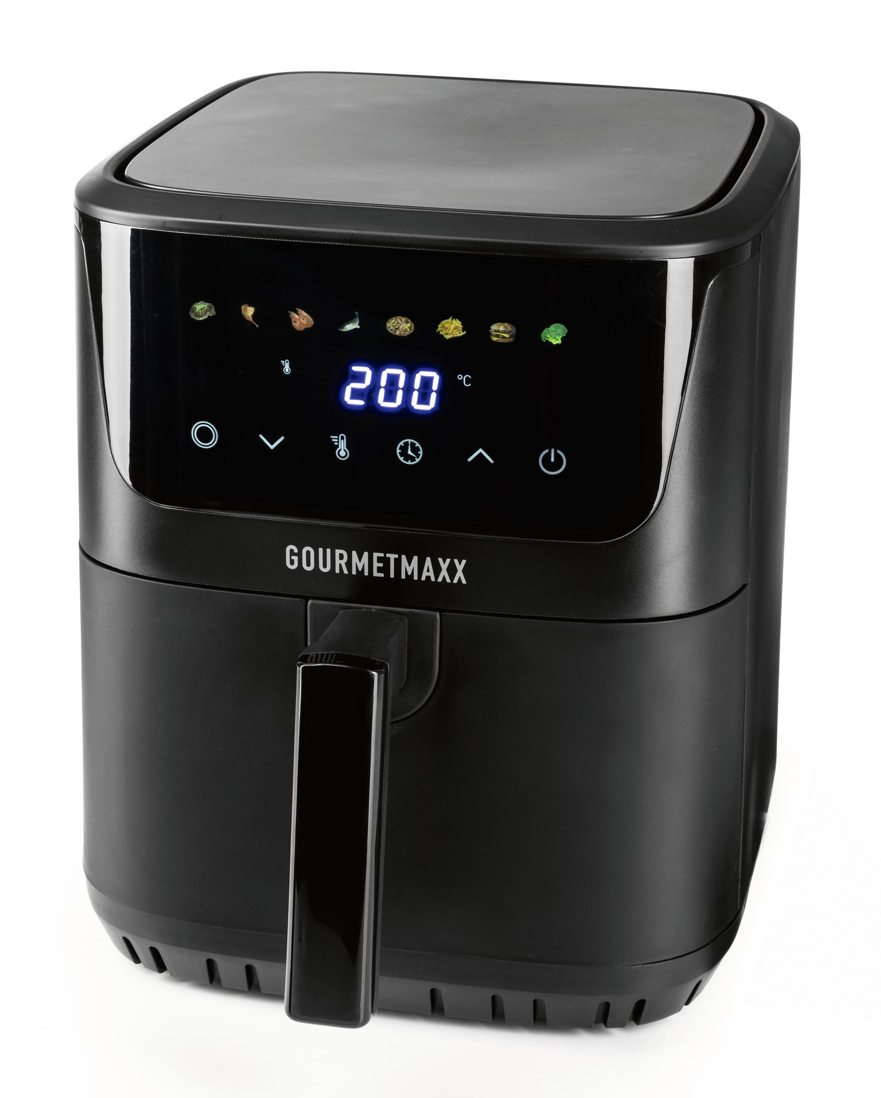 Schwarze Heißluftfritteuse mit digitaler Anzeige von 200°C und Kochsymbolen.