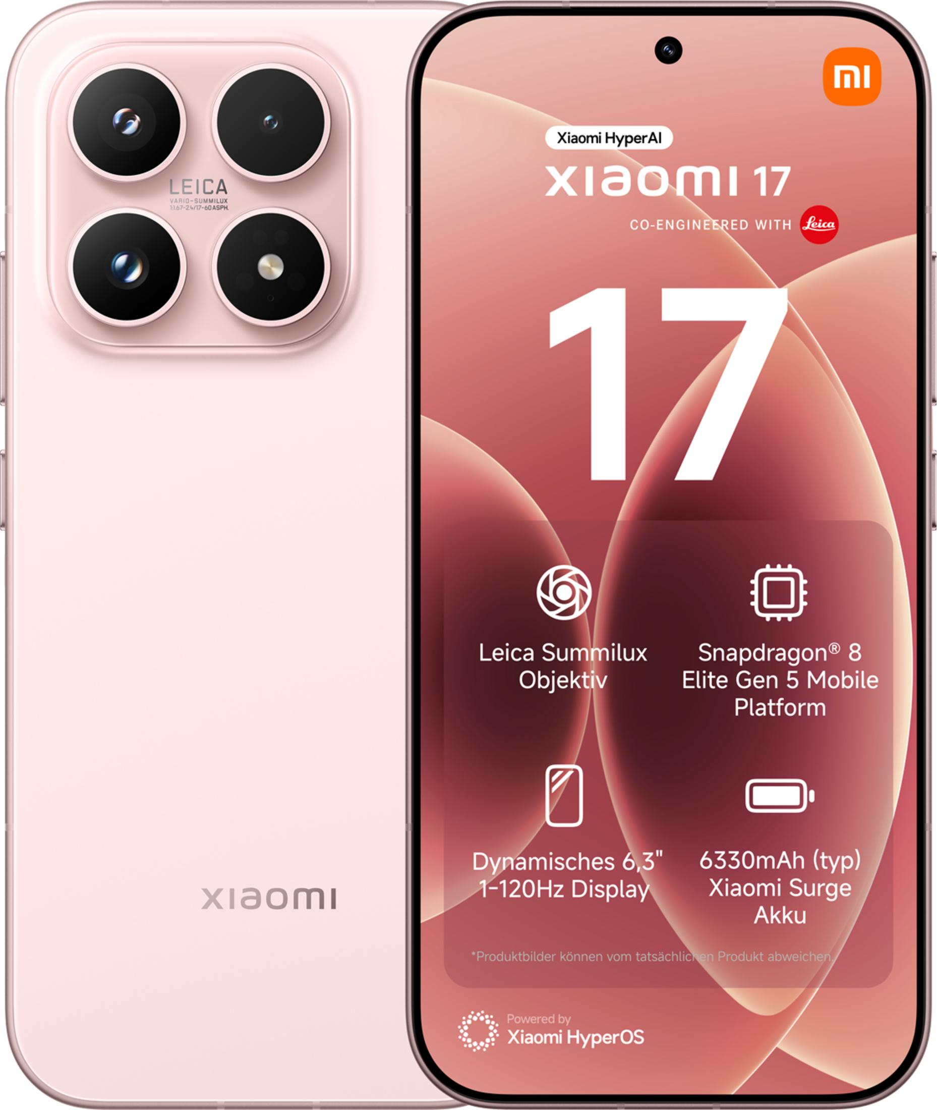 Un smartphone Xiaomi 17 rosa con sistema de cámara Leica y pantalla grande.