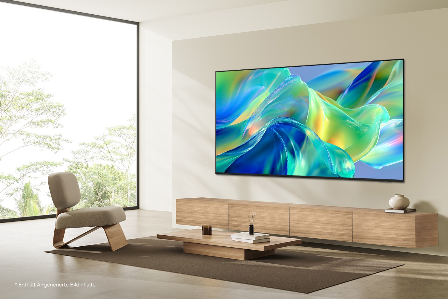 Modernes Wohnzimmer mit großem Fernseher, minimalistischem Sessel, Couchtisch und Holz-Medienschrank.