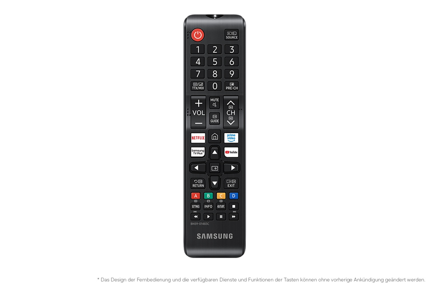 Schwarze Samsung TV Fernbedienung mit Zifferntasten, App-Buttons und Navigation.
