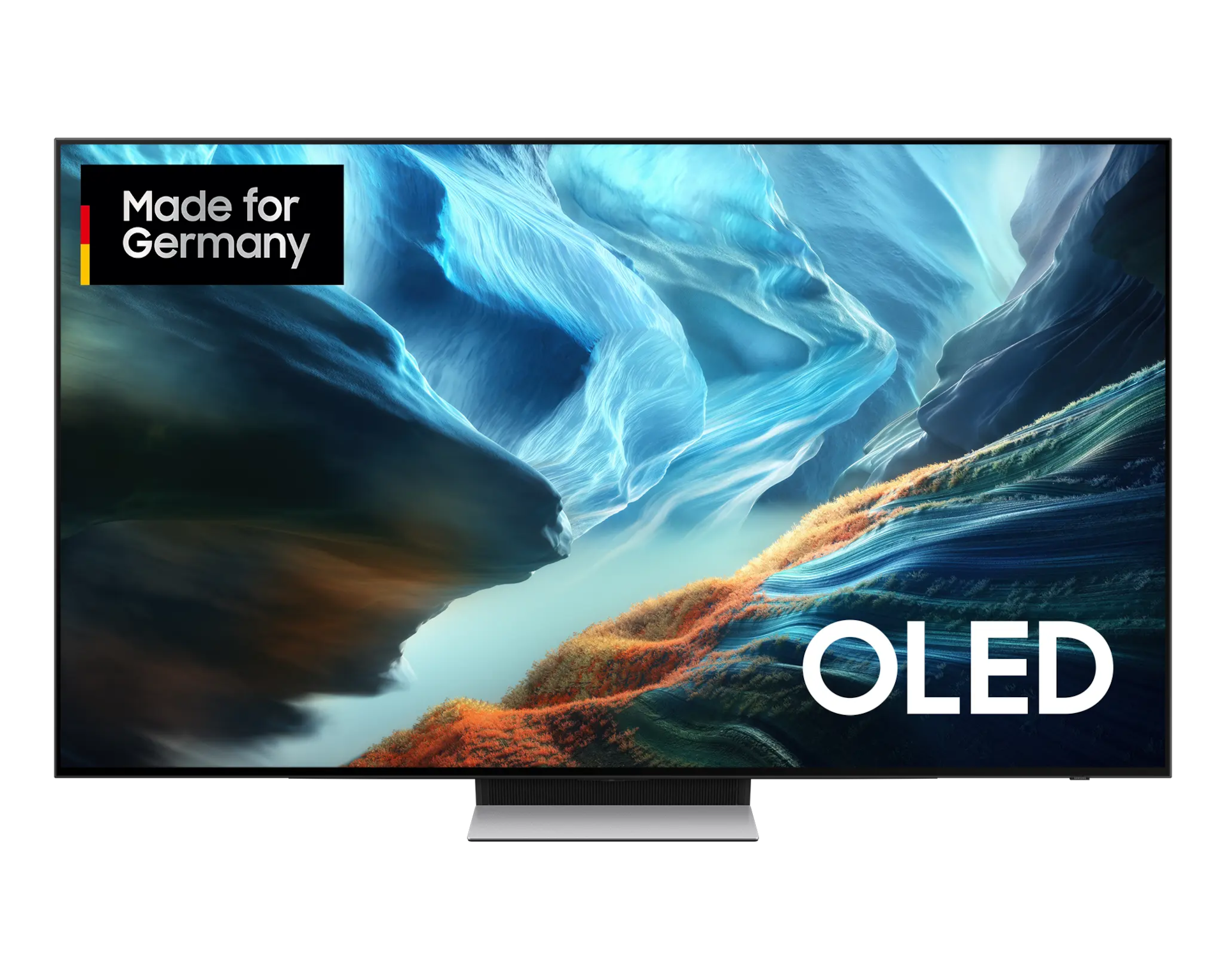 Moderner OLED-Fernseher mit abstraktem Hintergrund und "Made for Germany"-Logo.