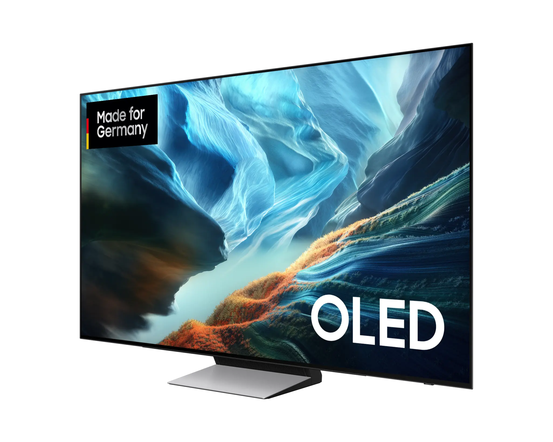 Ein schwarzer OLED-Fernseher mit dem Schriftzug "Made for Germany" und einem abstrakten Bild.