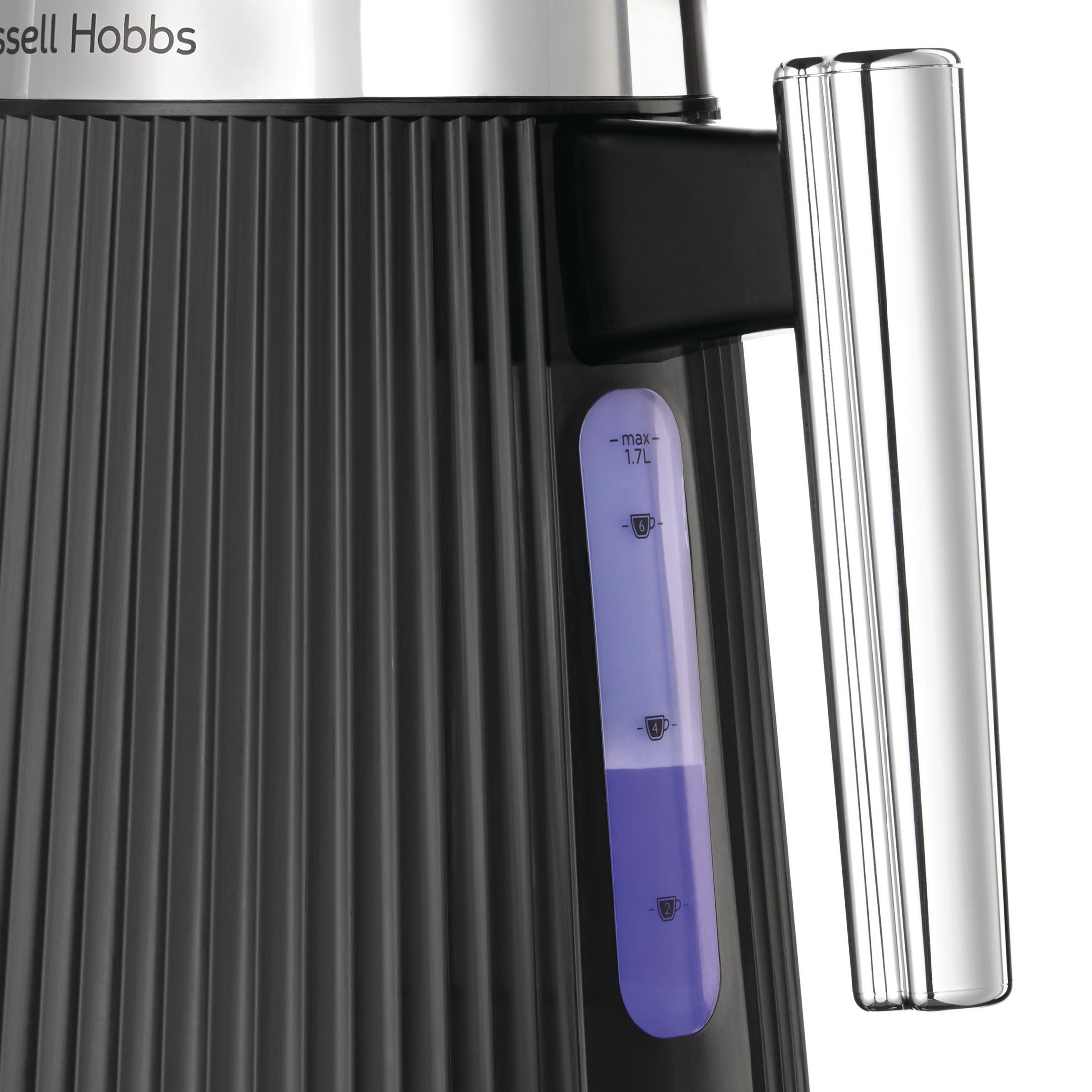 Black kettle with ribbed body and water level indicator.