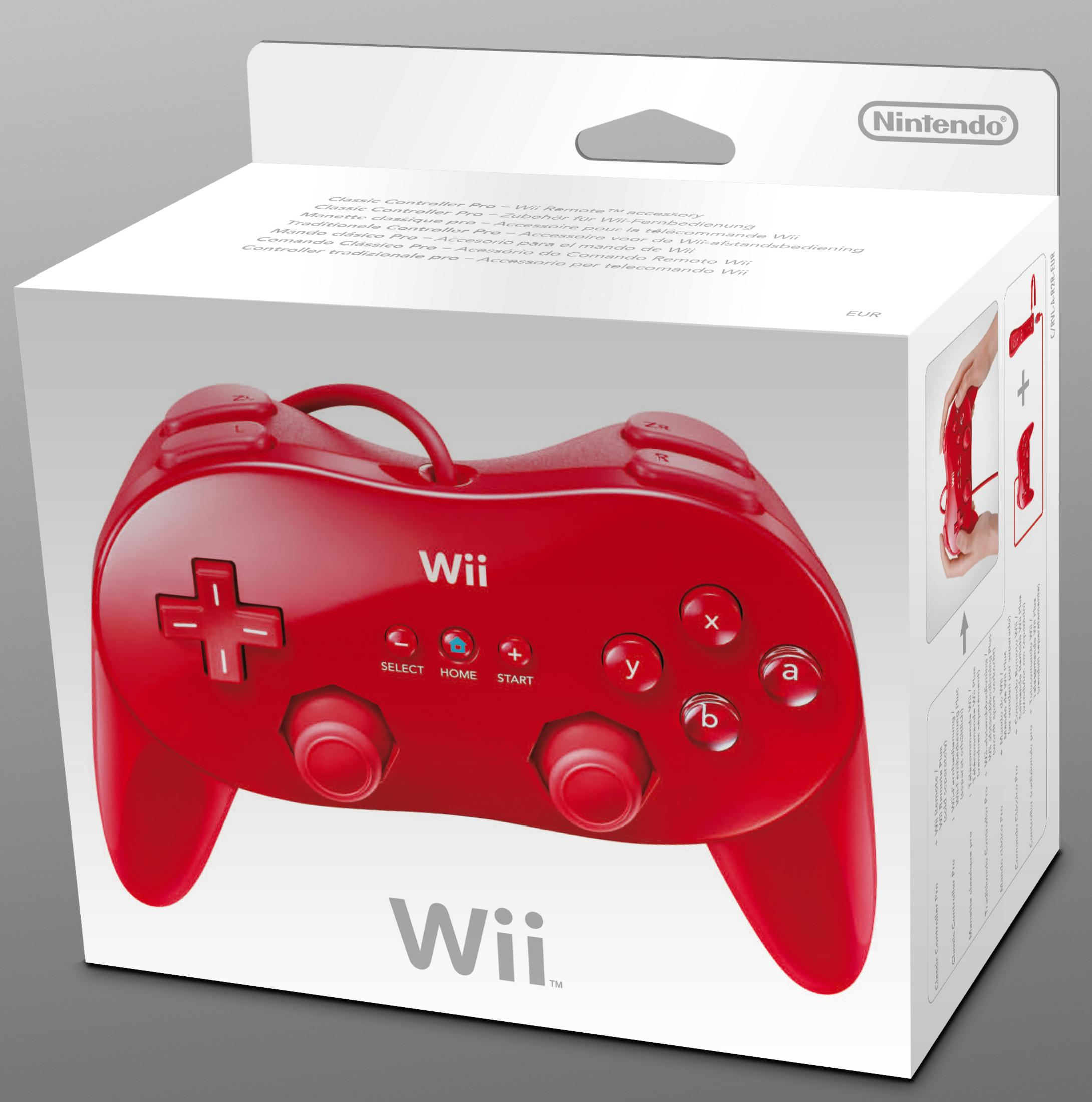 Rote Wii Classic Controller Pro-Verpackung mit Controller. Nintendo-Logo.