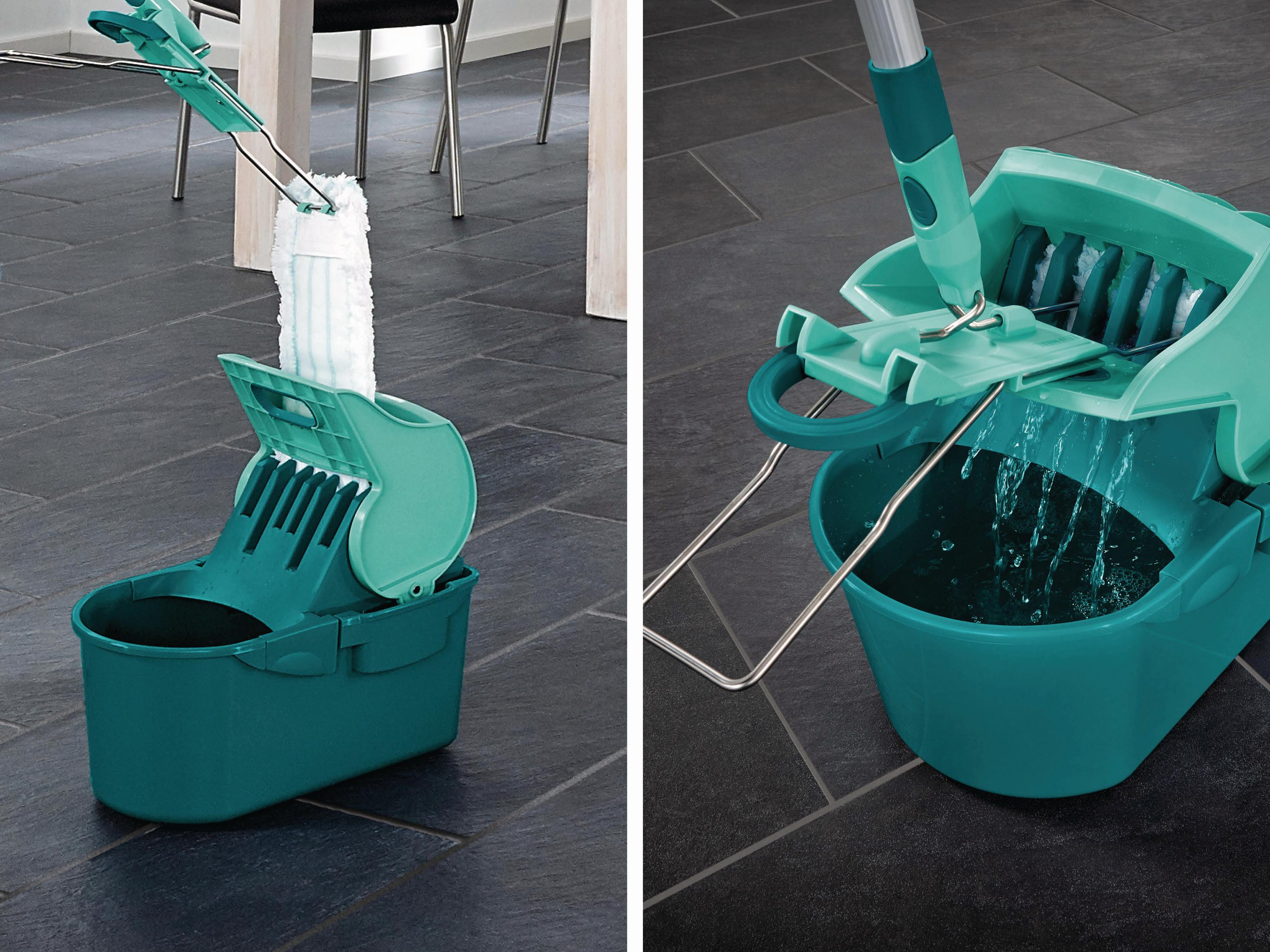 Un secchio verde con uno straccio che strizza l'acqua.